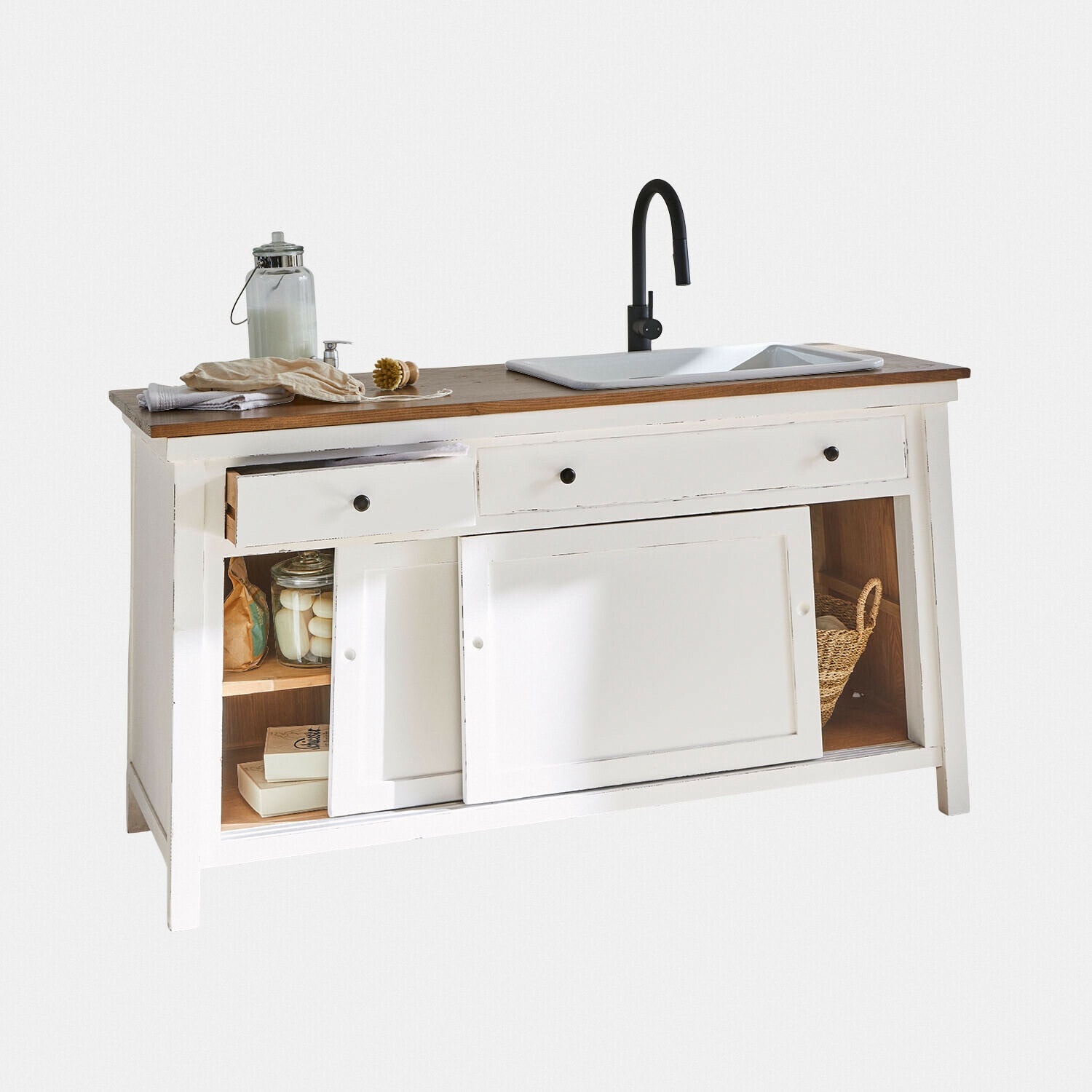 Waschtisch Célaron Weißer Holzschrank mit dunkler Holzplatte, weissem Keramikwaschbecken und schwarzem Wasserhahn