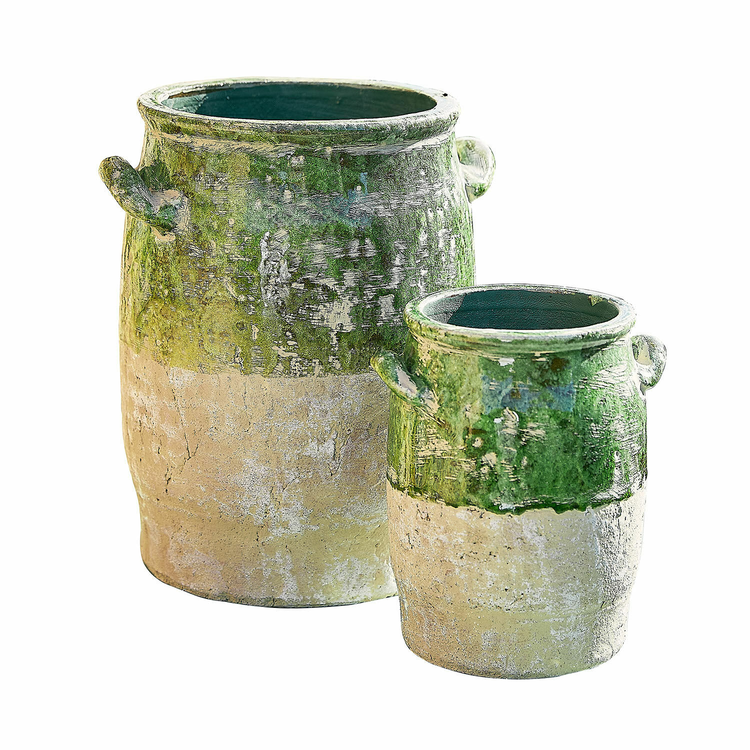 Vase 2er Set Reefton Set aus zwei Keramikvasen in Grün-Beige mit Griffen, rustikale Gartendekoration