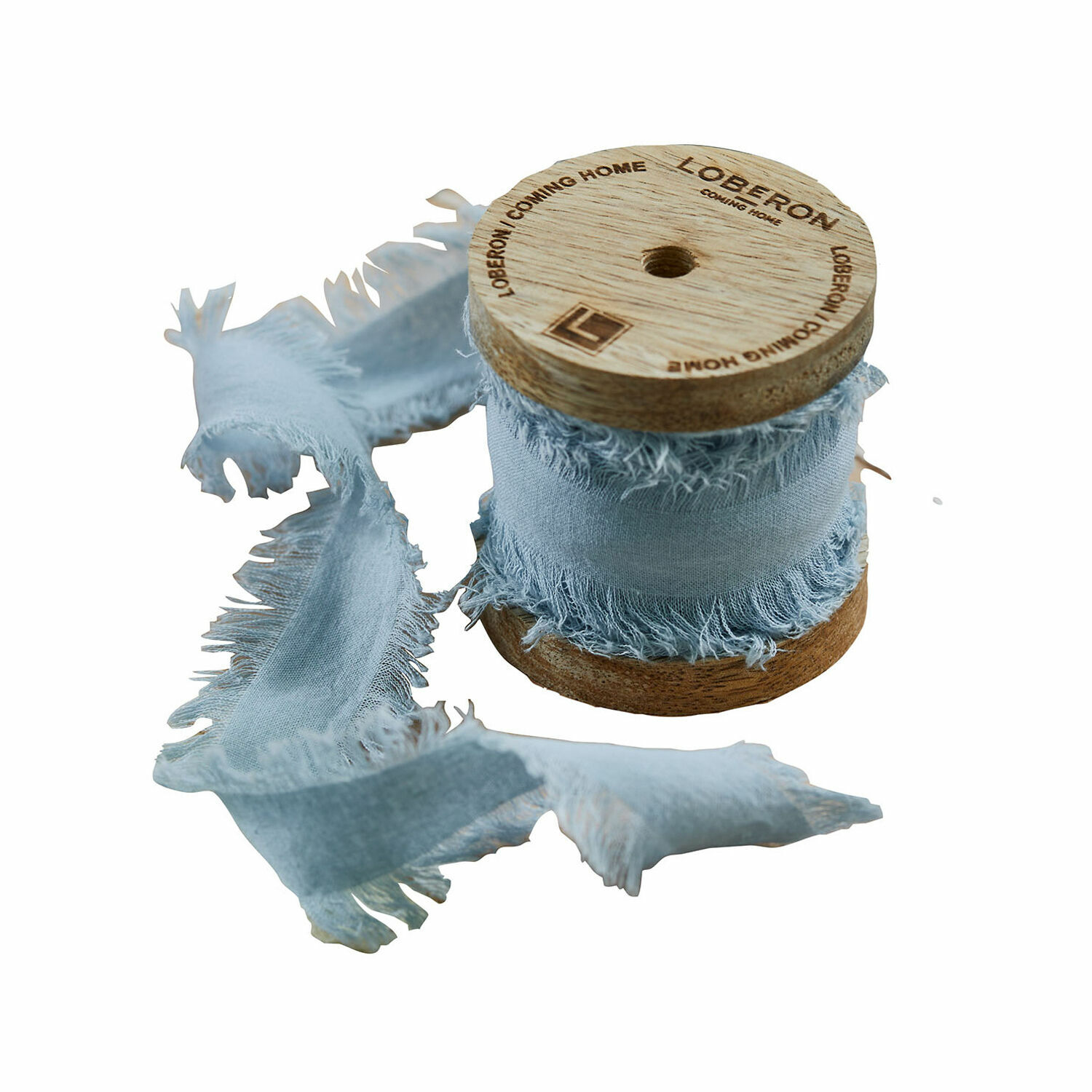 Hellblaues Baumwoll-Dekoband auf Holzspule für Bastel- und Dekorationszwecke