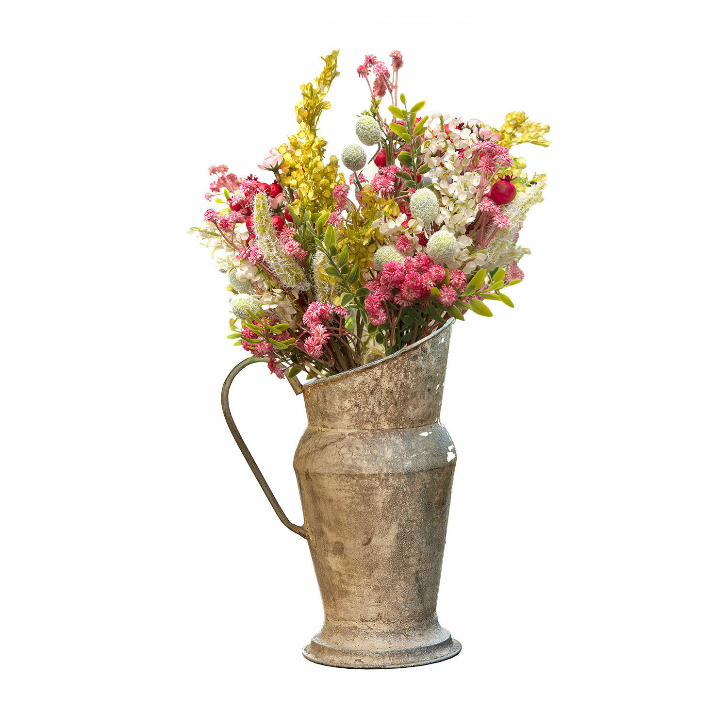 Deko-Blumenstrauss 2er Set Selivane Rustikaler Metallkrug mit bunten getrockneten Blumen als Wohnaccessoire