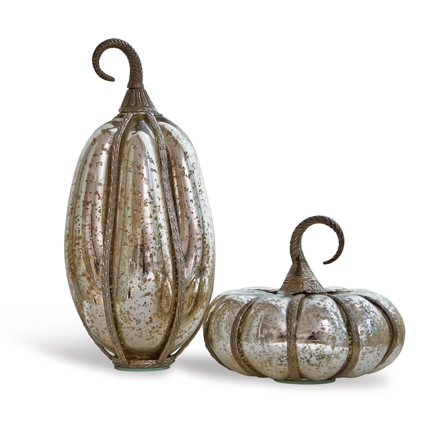 Kürbis 2er Set Kiyo Dekorative Kürbisse aus Glas und Metall in Silber mit antikem Finish für herbstliche Dekoration