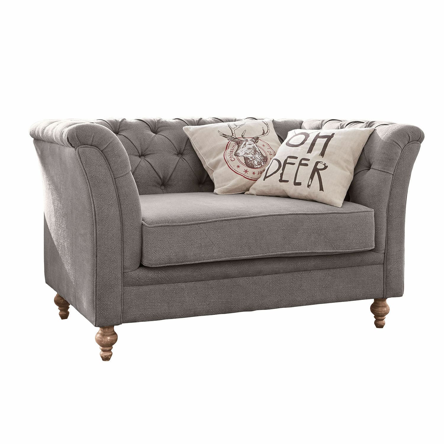 Sofa Clères Graues Stoffsofa mit gesteppter Rückenlehne und Holzfüssen, dekoriert mit Kissen mit Hirschmotiv