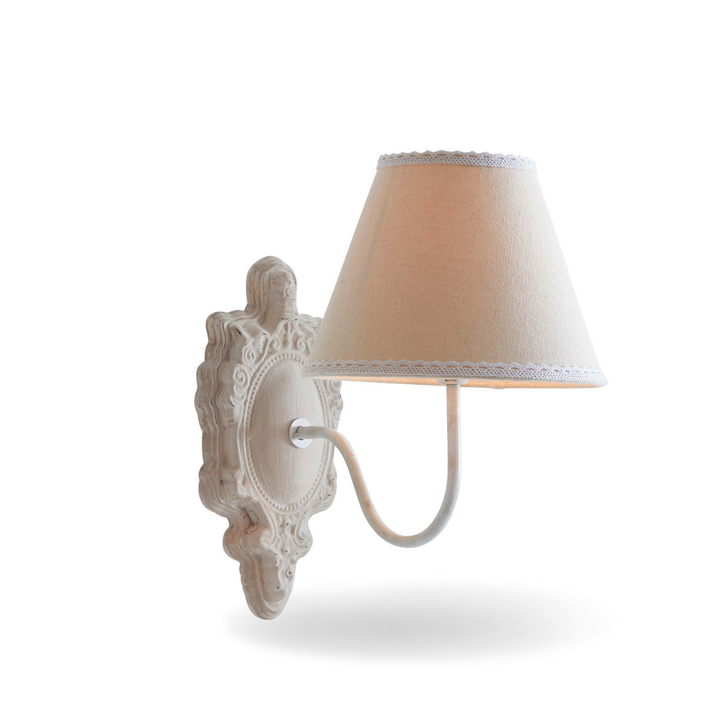 Wandlampe Ascoux Weisse Wandleuchte mit Stoffschirm und verzierter Holzbasis im Vintage-Stil