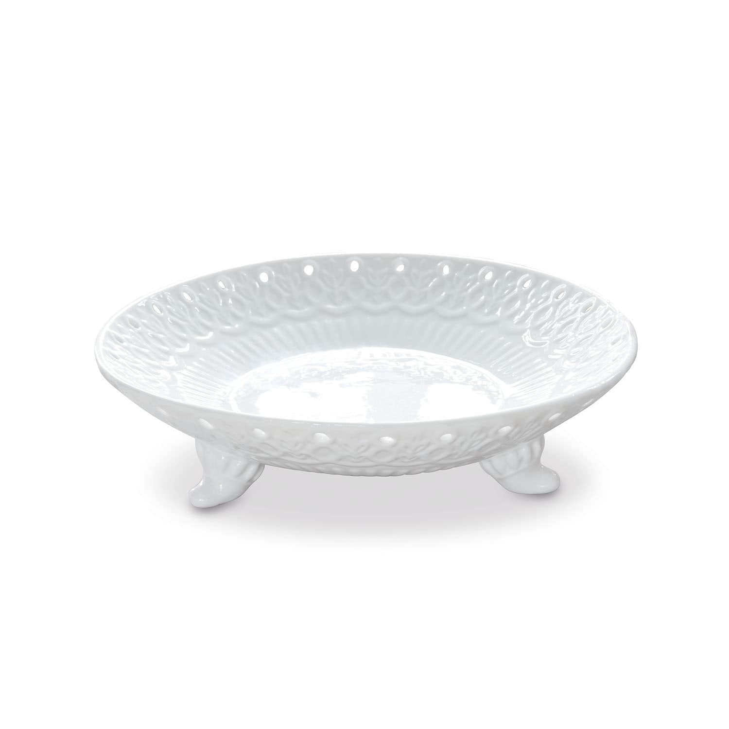 Weisse Keramikplatte auf drei Füssen mit dekorativem Muster, ideal zum Servieren und Dekorieren