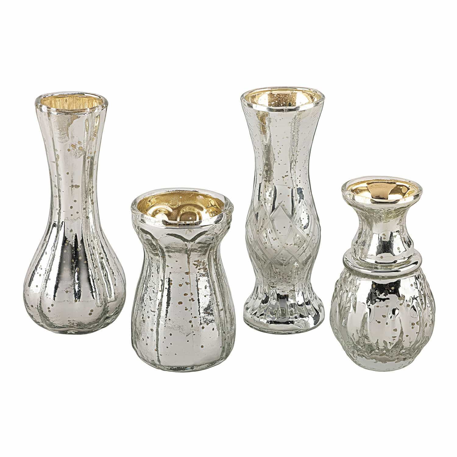 Deko-Vase 4er Set Maelie Set aus vier dekorativen Vasen aus silbernem Glas mit goldfarbenem Innenraum, Wohnaccessoire