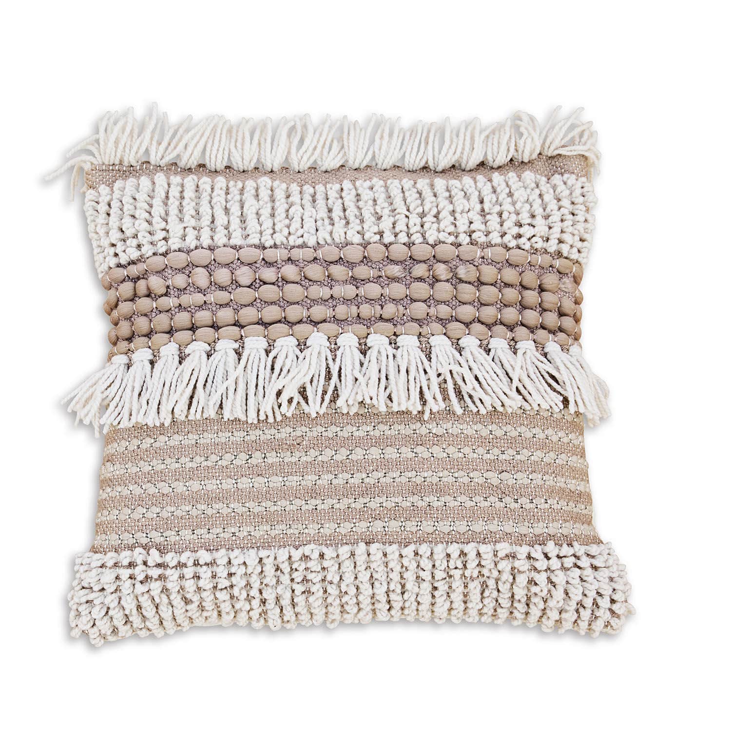 In- & Outdoor-Kissenhülle Sai Dekoratives Baumwollkissen in Beige-Weiss mit Fransen und strukturierter Oberfläche