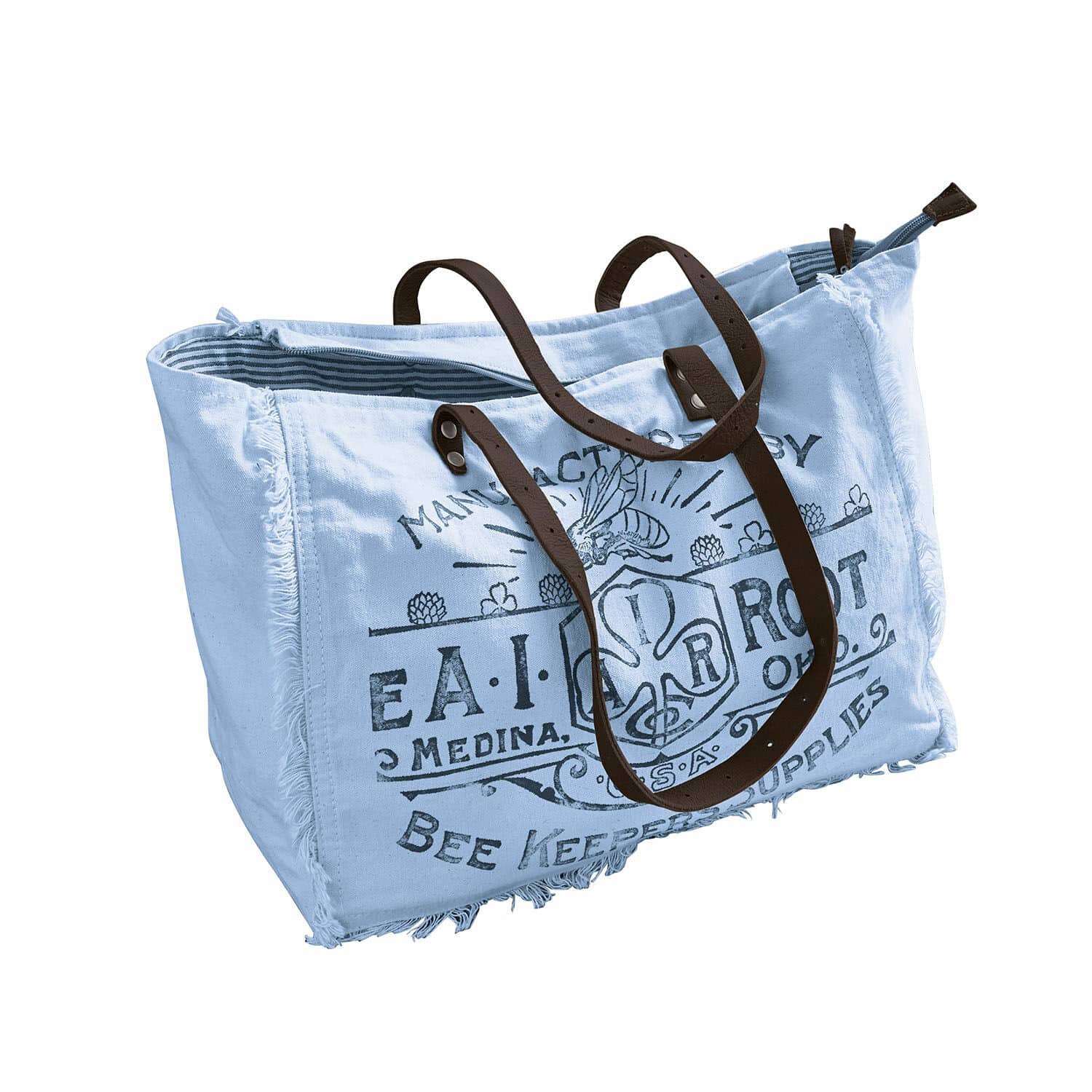 blau/braun CLOE Tasche aus blauem Baumwollstoff mit braunen Ledergriffen und Vintage-Druck