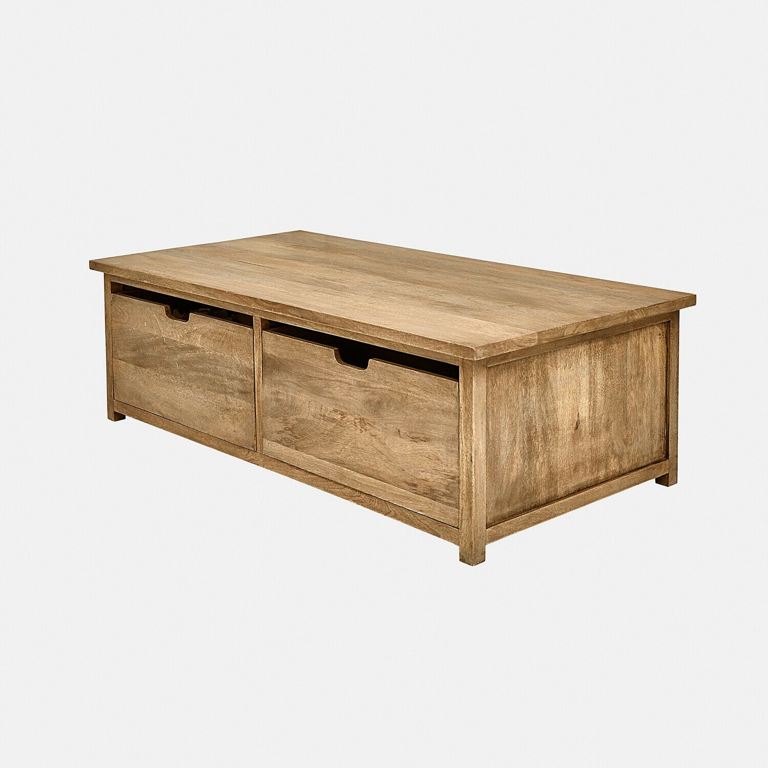 Kinderspieltisch Solanin Couchtisch aus Mangoholz in Naturfarbe mit zwei Schubladen für Stauraum