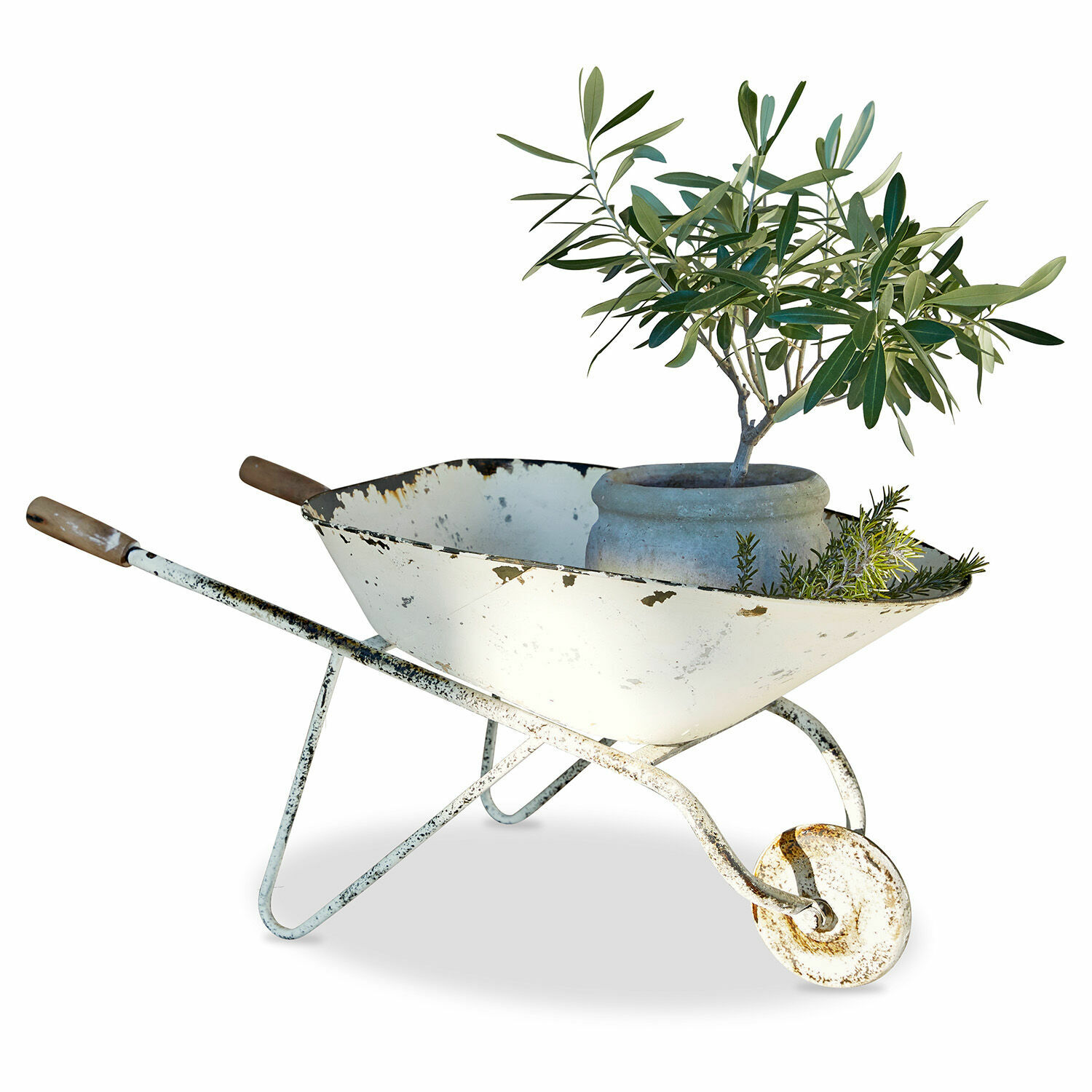 Deko-Schubkarre Padoux Alte weisse Metallschubkarre mit Rost, Blumentopf und grünen Pflanzen als Gartendekoration
