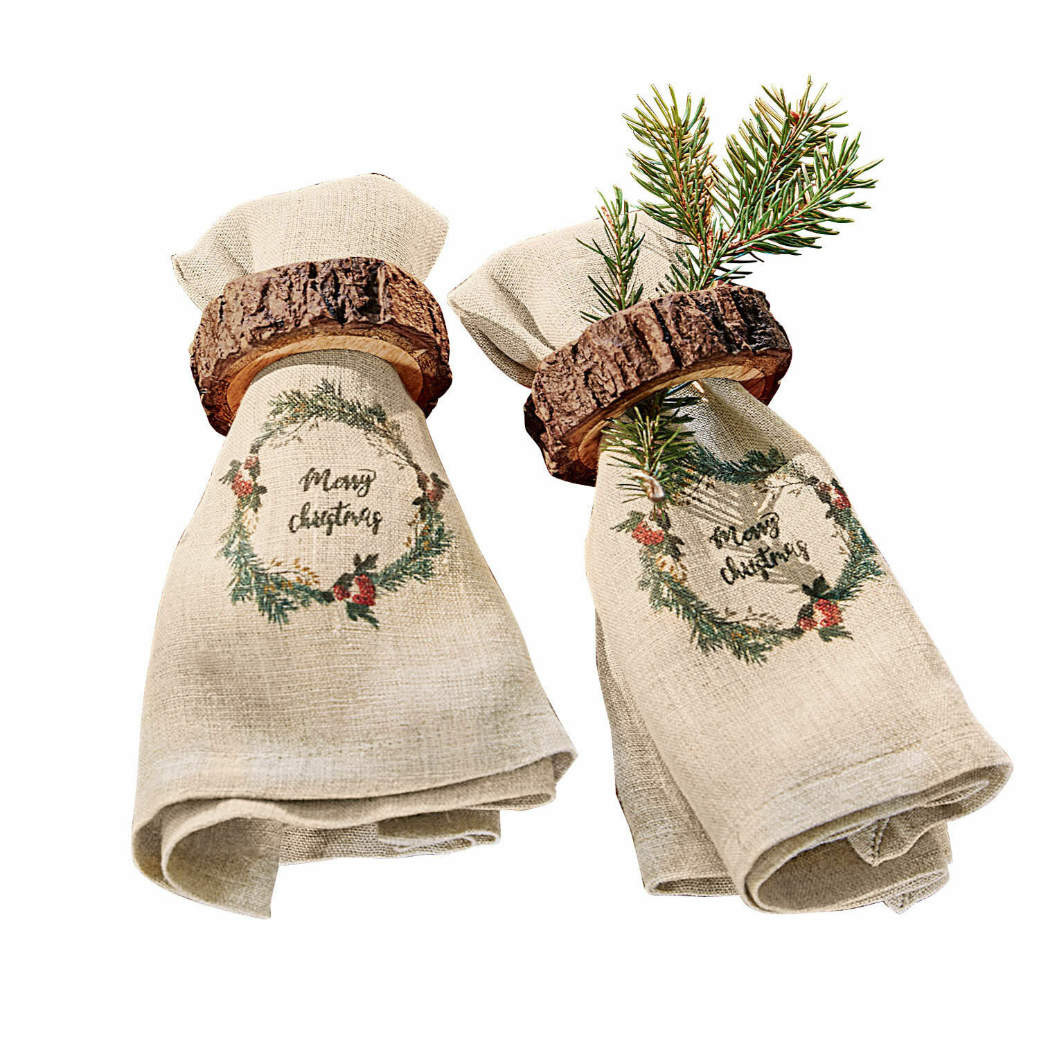 Serviette 2er Set Halofay Leinenservietten mit Holzringen und grünen Zweigen als Weihnachtsdekoration in Naturfarben
