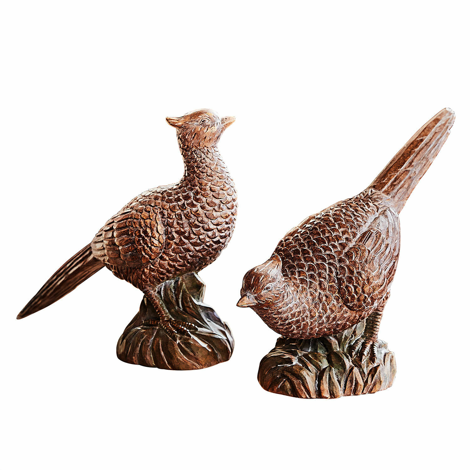 Deko-Vogel 2er Set Vivoso Braune Holzvogel-Skulpturen auf Sockeln, dekorative Figuren für Haus und Garten