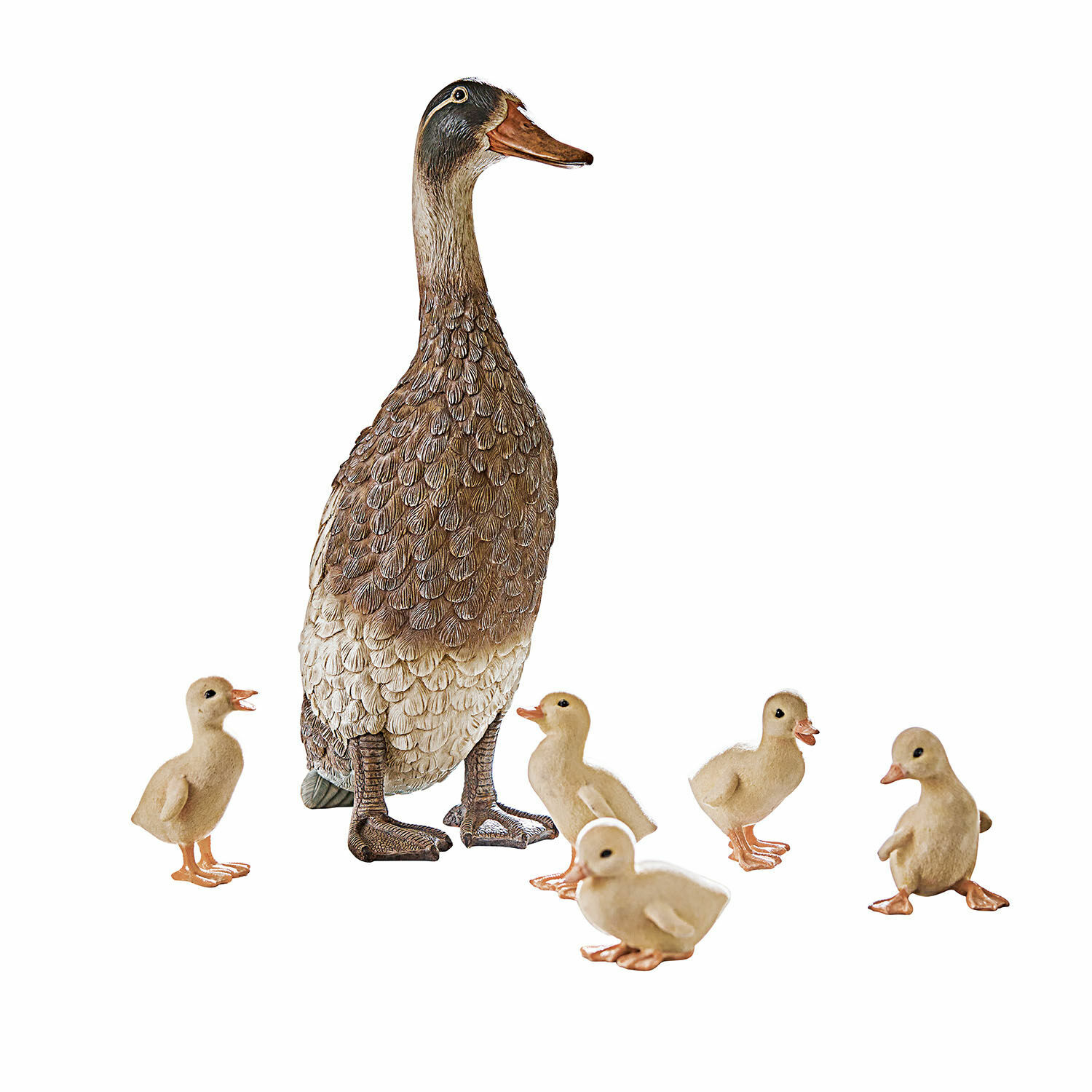 Ente und Küken 6er Set Levevre Dekorations-Figurenteichente mit fünf kleinen Küken in natürlichen Braun- und Cremetönen für den Garten