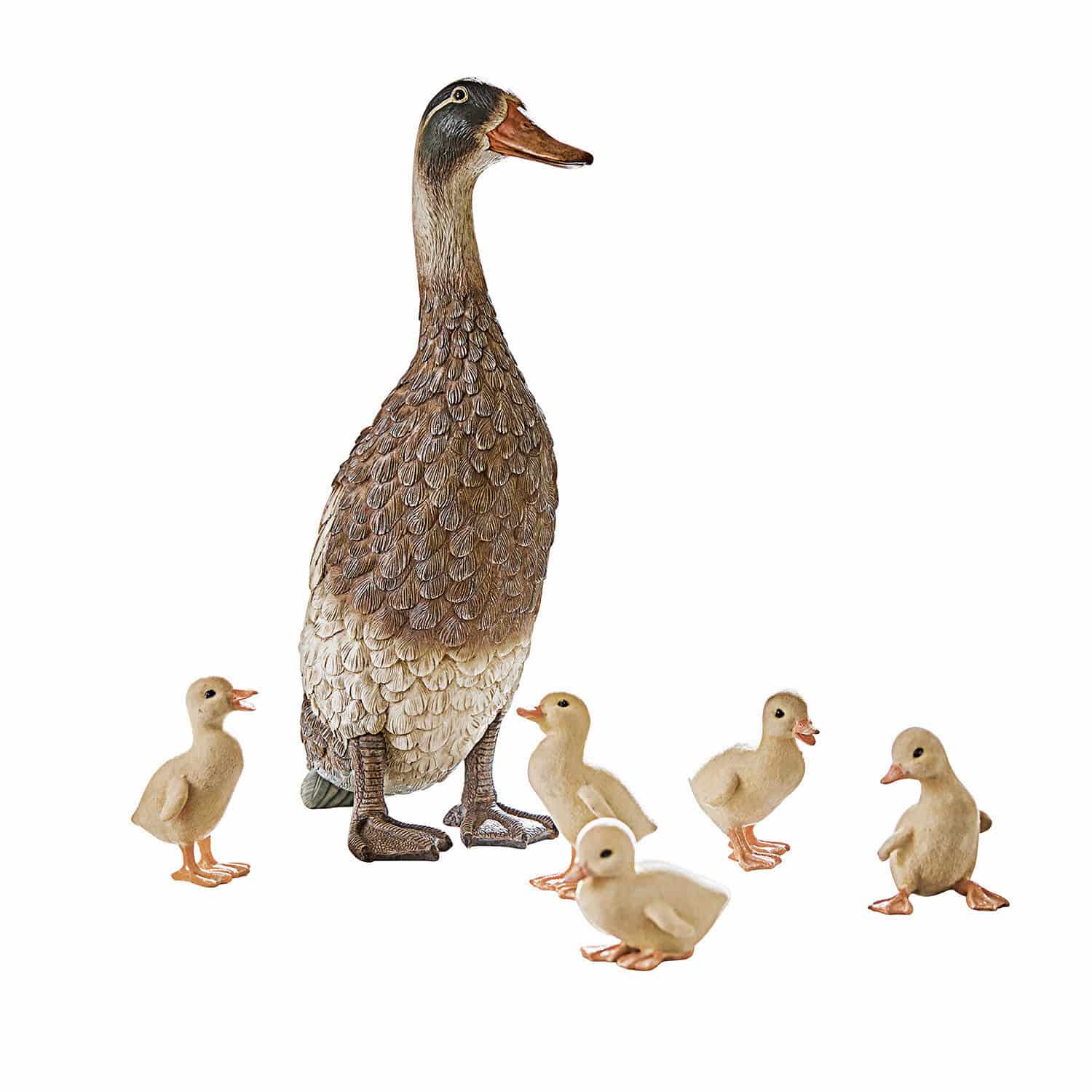 Ente und Küken 6er Set Levevre Dekorations-Figurenteichente mit fünf kleinen Küken in natürlichen Braun- und Cremetönen für den Garten
