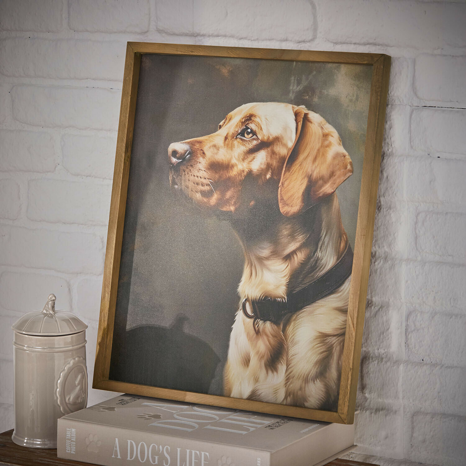 Bild Purrana Hundebild im Holzrahmen auf Buch A Dog's Life, Wanddekoration mit Tiermotiv fürs Wohnzimmer