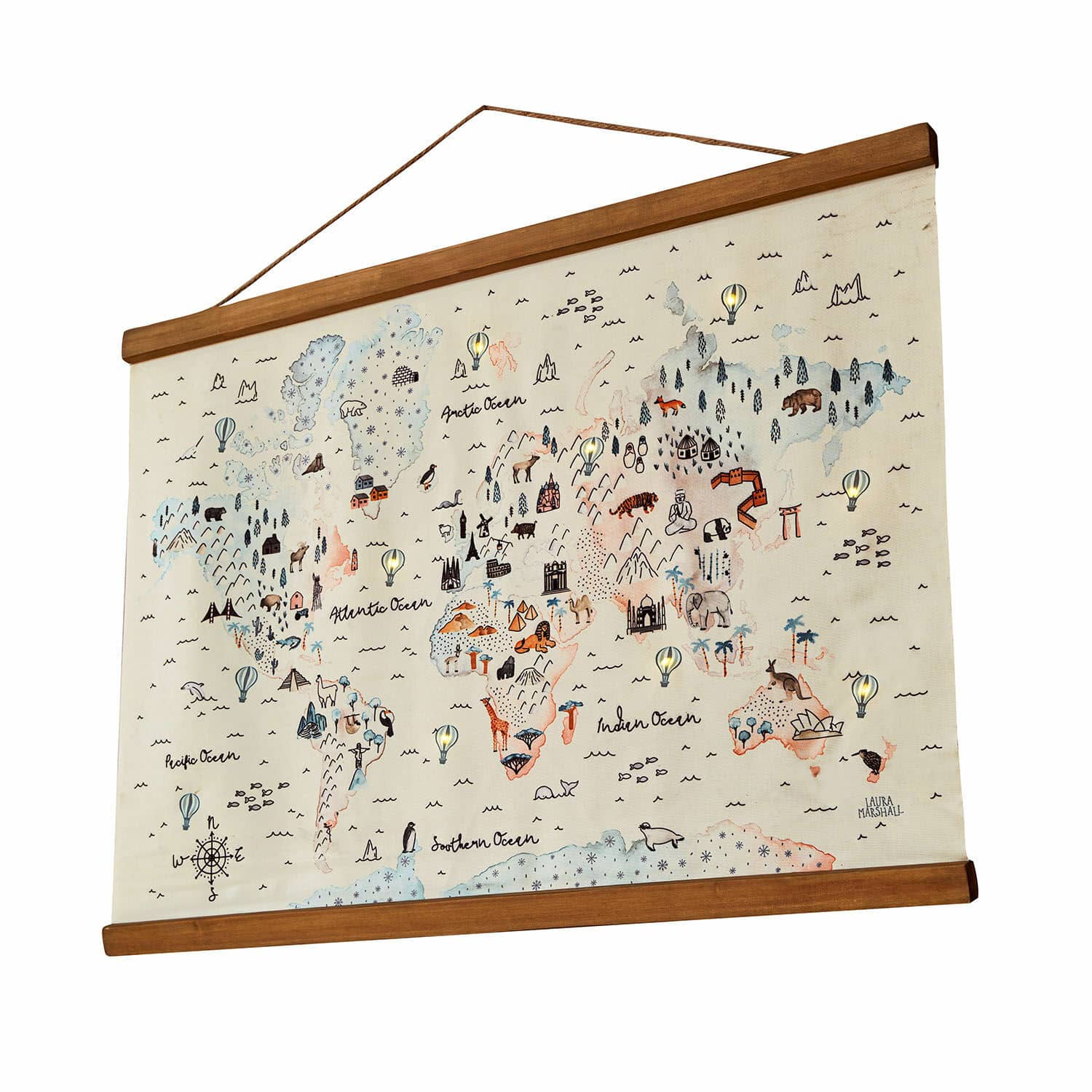 LED-Wandbild Chaumont Weltkarte auf Leinwand mit Holzrahmen, Tier- und Wahrzeichen-Illustrationen, Wanddekoration