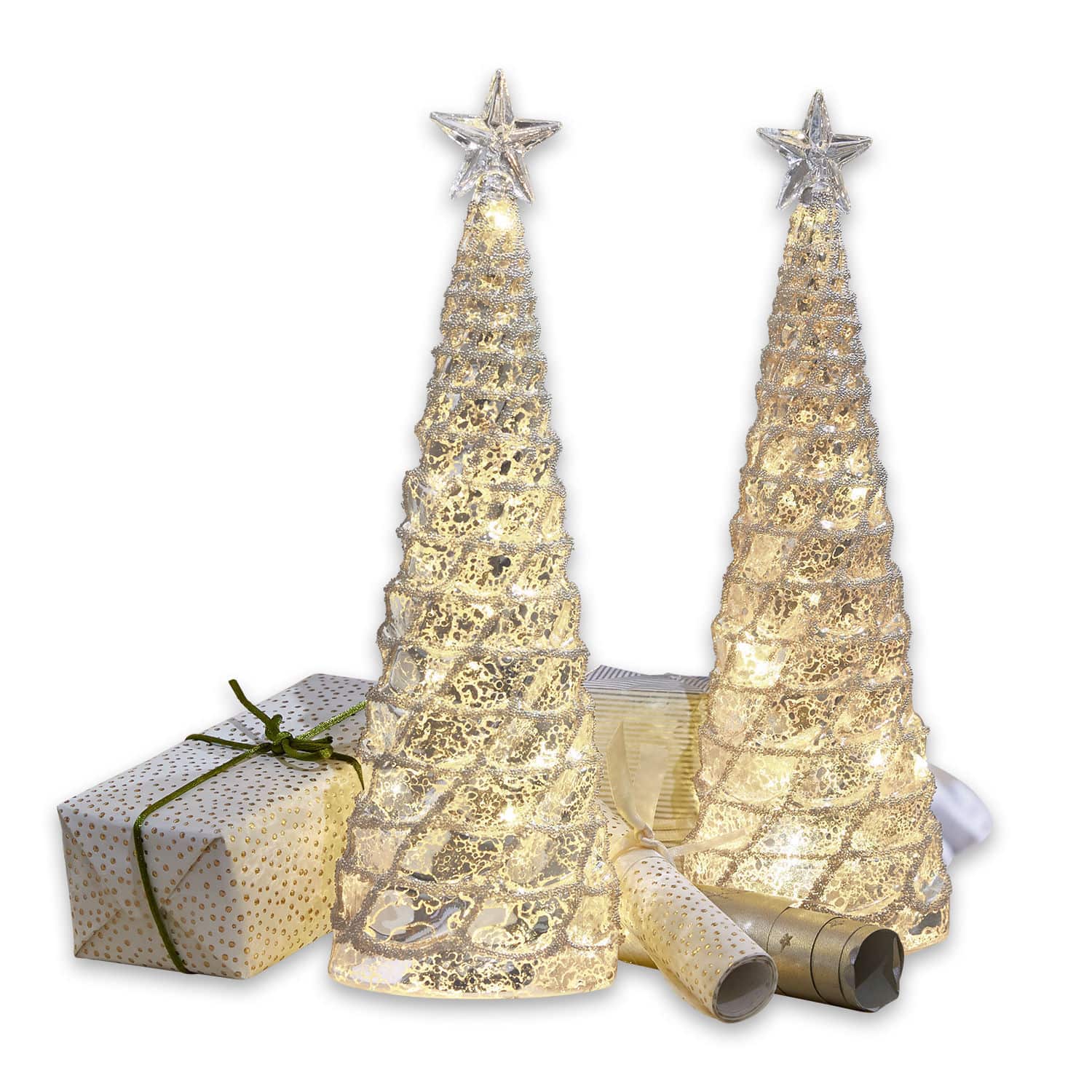 Deko-Baum 2er Set Glitter Zwei transparente LED-Dekorations-Weihnachtsbäume mit Sternen und Geschenken im Hintergrund