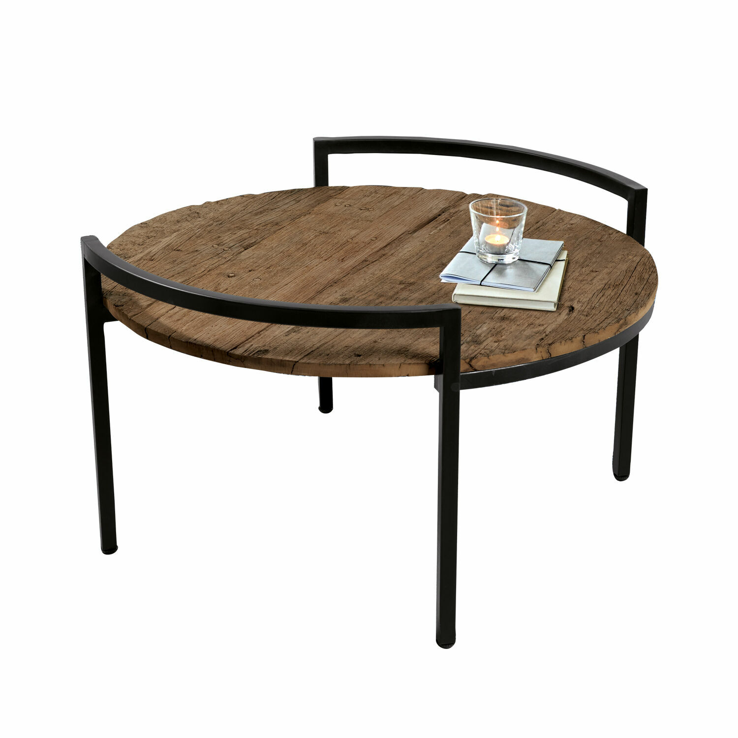 Couchtisch Rosemill Runder Couchtisch mit Holzplatte und schwarzem Metallgestell, moderner Wohnzimmertisch.