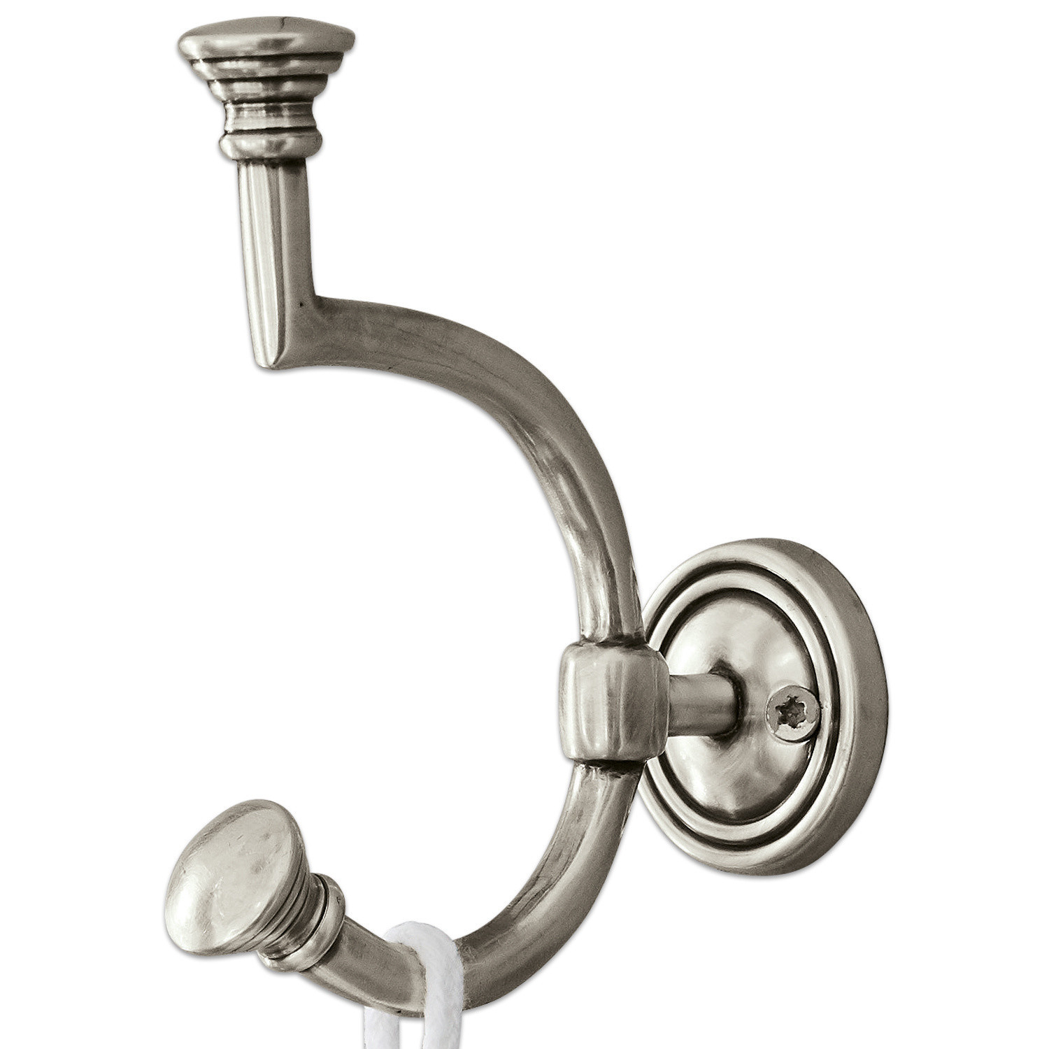 Haken Corinne Wandhaken aus Metall in Nickeloptik mit zwei Haken zum Aufhängen von Kleidern und Accessoires