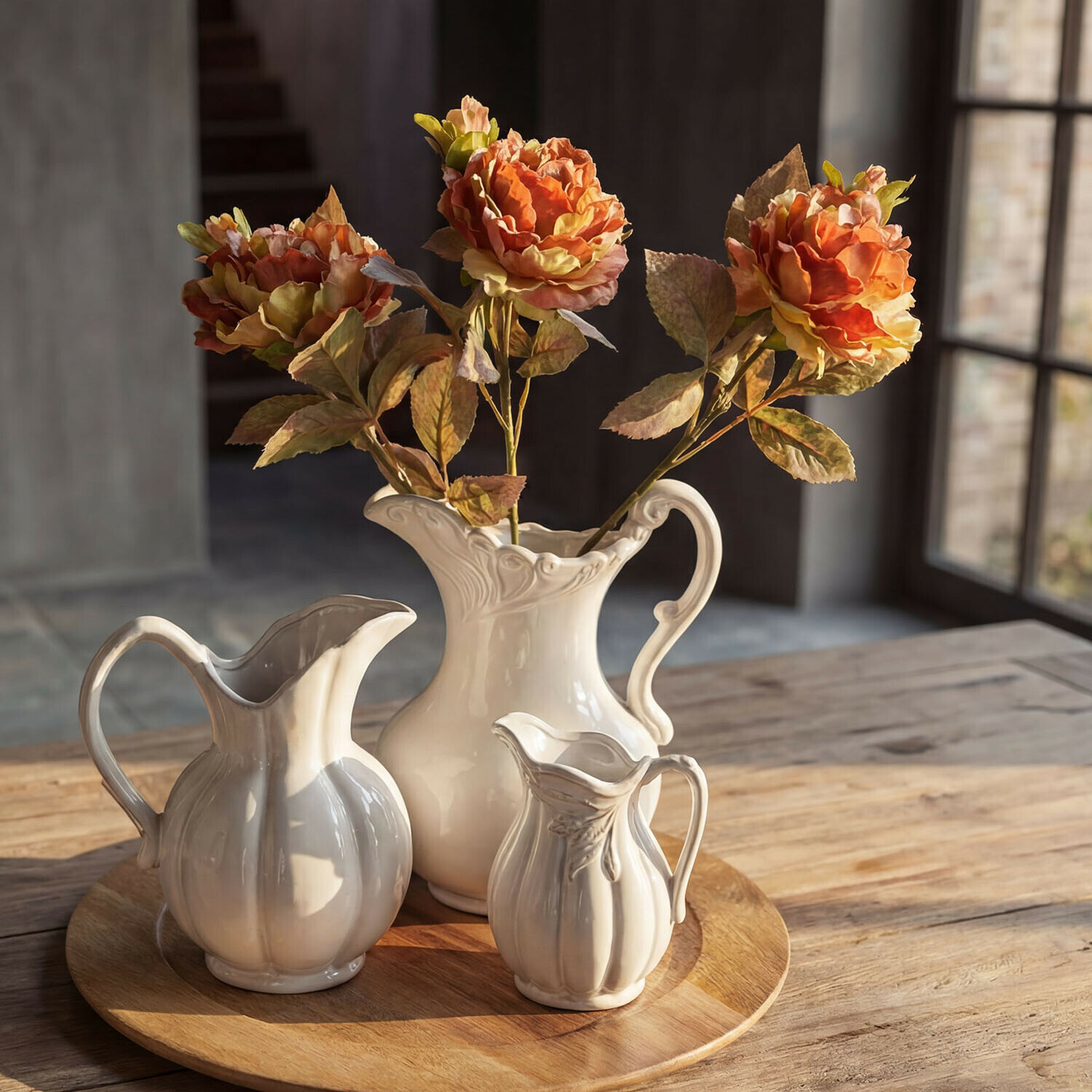 Kunstblume 3er Set Ambrayelle Drei weisse Keramikkrüge auf einem Holztablett mit orangen künstlichen Blumen in rustikalem Interieur
