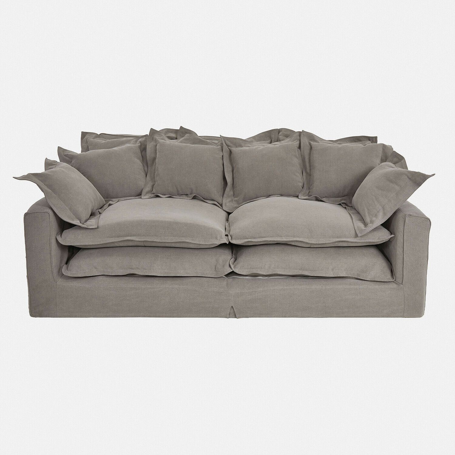 Graues Terell Sofa aus weichem Stoff mit vielen Kissen, bequem fürs Wohnzimmer