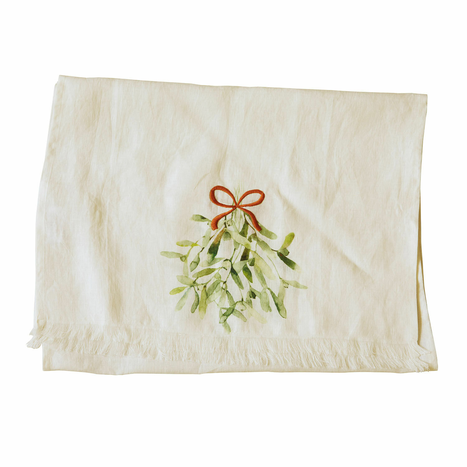 Tischläufer Mistletoe Leinentischdecke in Ecru mit Mistelzweig und roter Schleife, festliche Tischdekoration