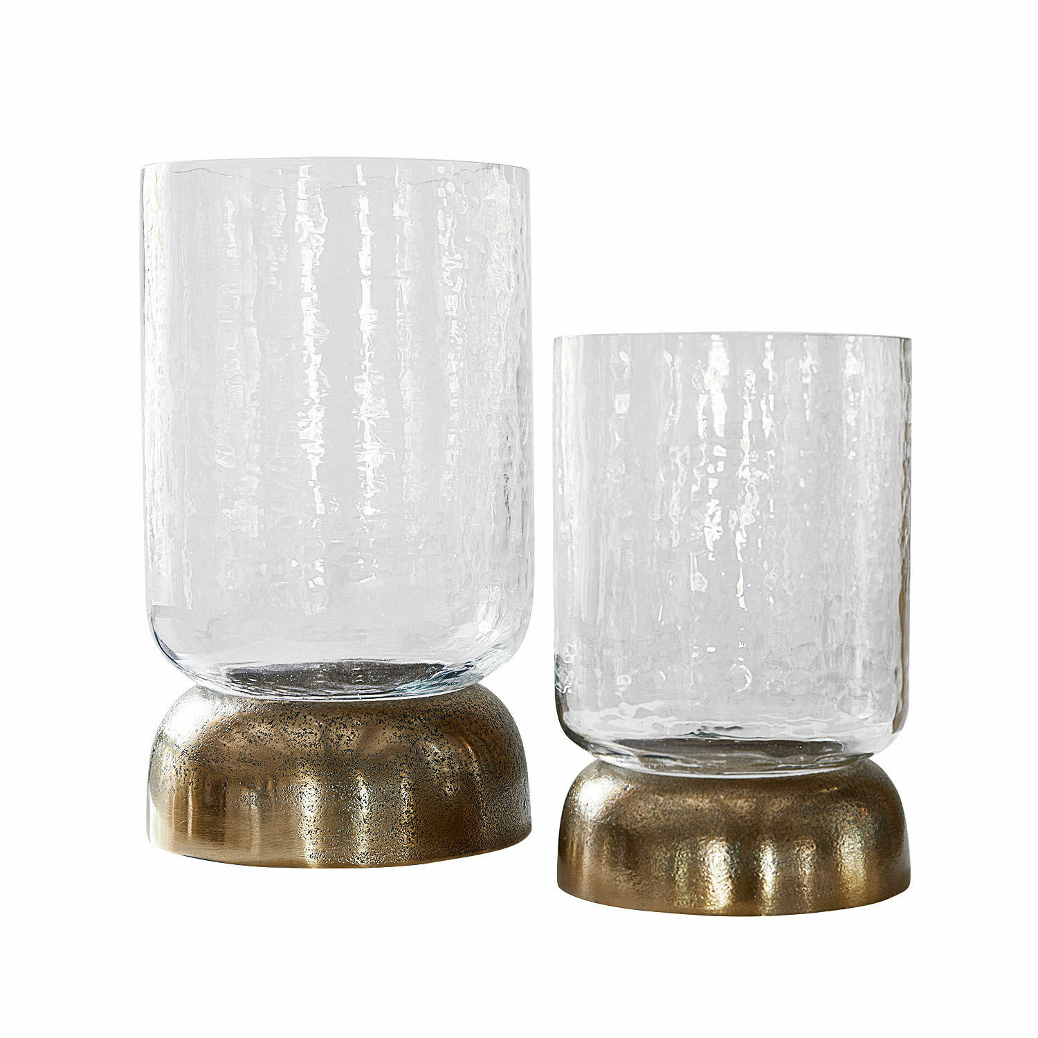Windlicht 2er Set Biserre Set aus zwei Glaswindlichtern mit messingfarbenem Sockel, transparentem strukturiertem Glas, Wohnaccessoire
