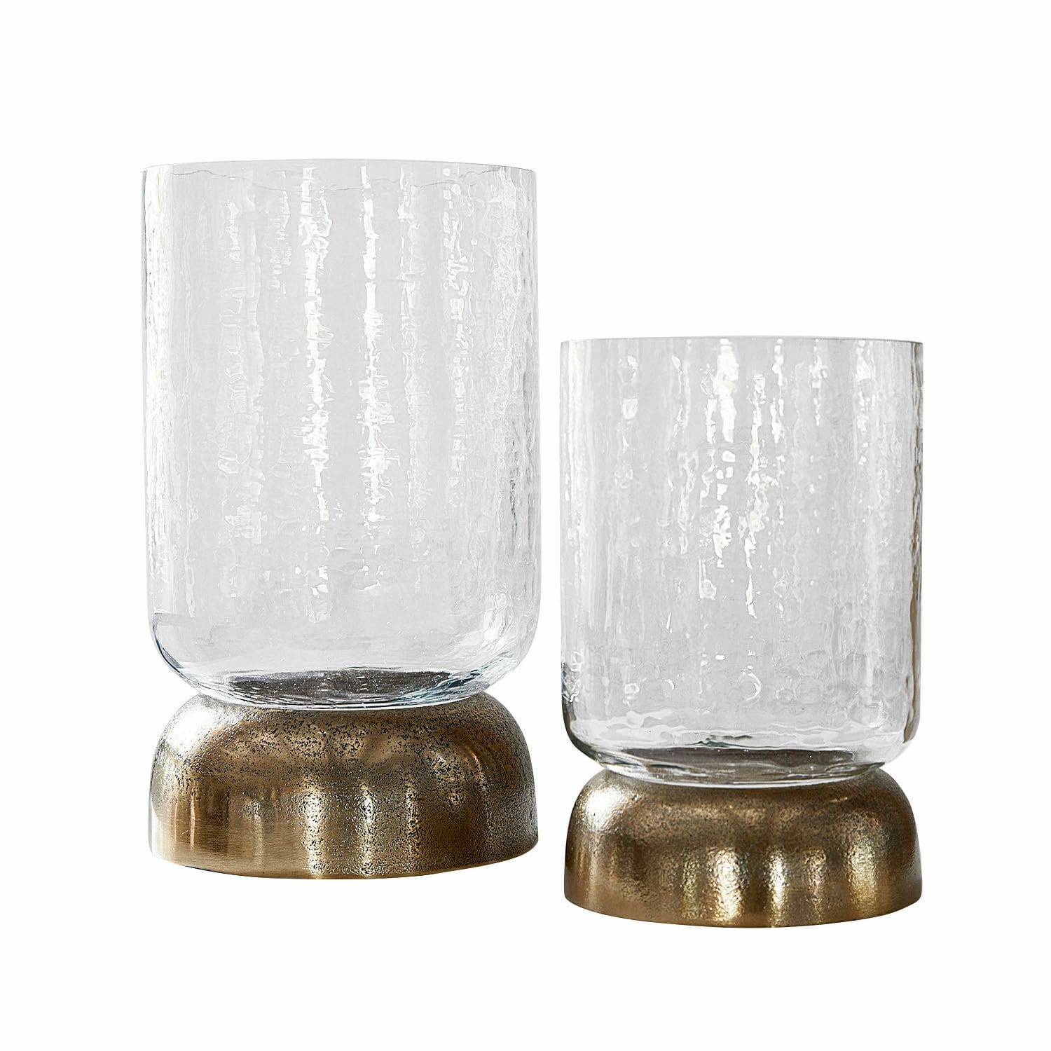 Windlicht 2er Set Biserre Set aus zwei Glaswindlichtern mit messingfarbenem Sockel, transparentem strukturiertem Glas, Wohnaccessoire