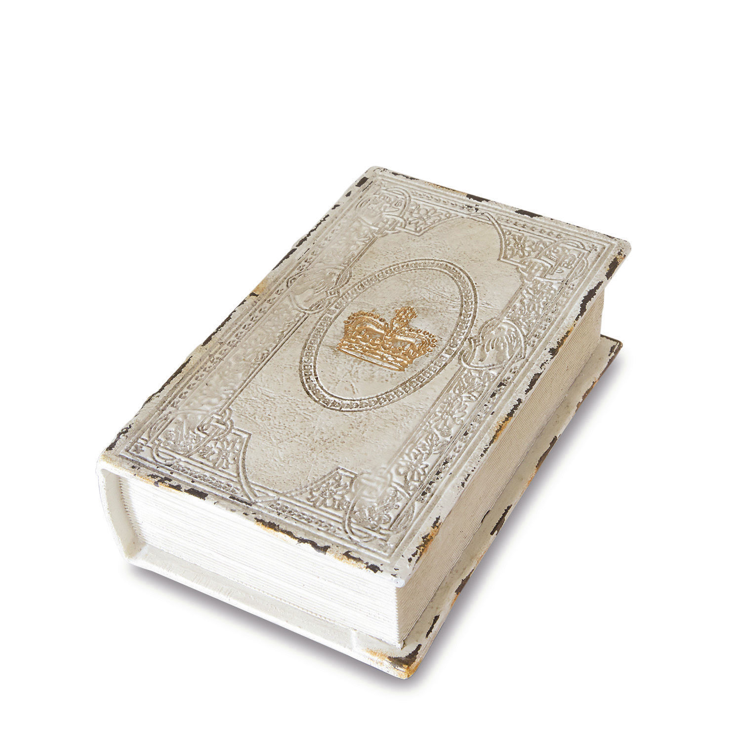 Buchschatulle Anglure Dekorative weisse Holzbox in Buchform mit goldener Krone auf dem Deckel