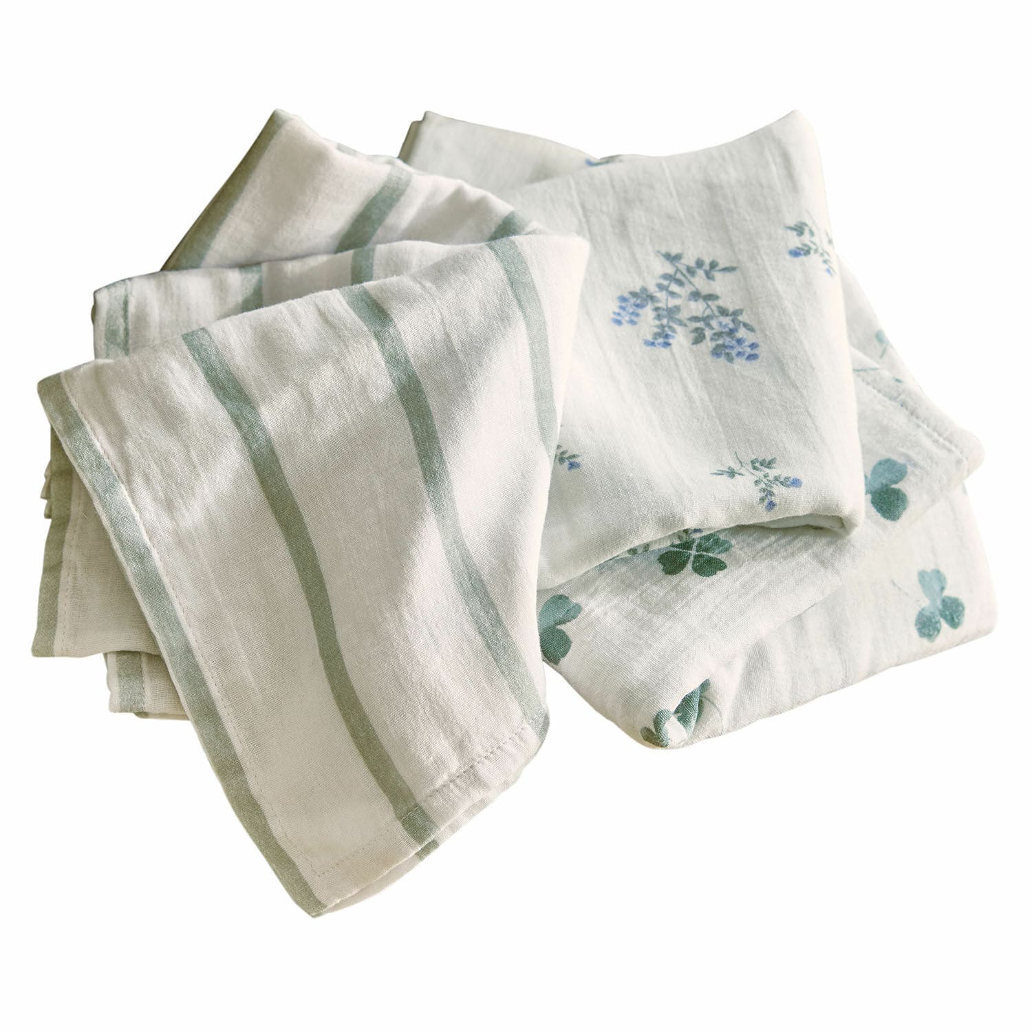 Babytuch 3er Set Nymariel Set aus weissen Leinen-Geschirrtüchern mit grünen Streifen und floralem Muster für die Küche
