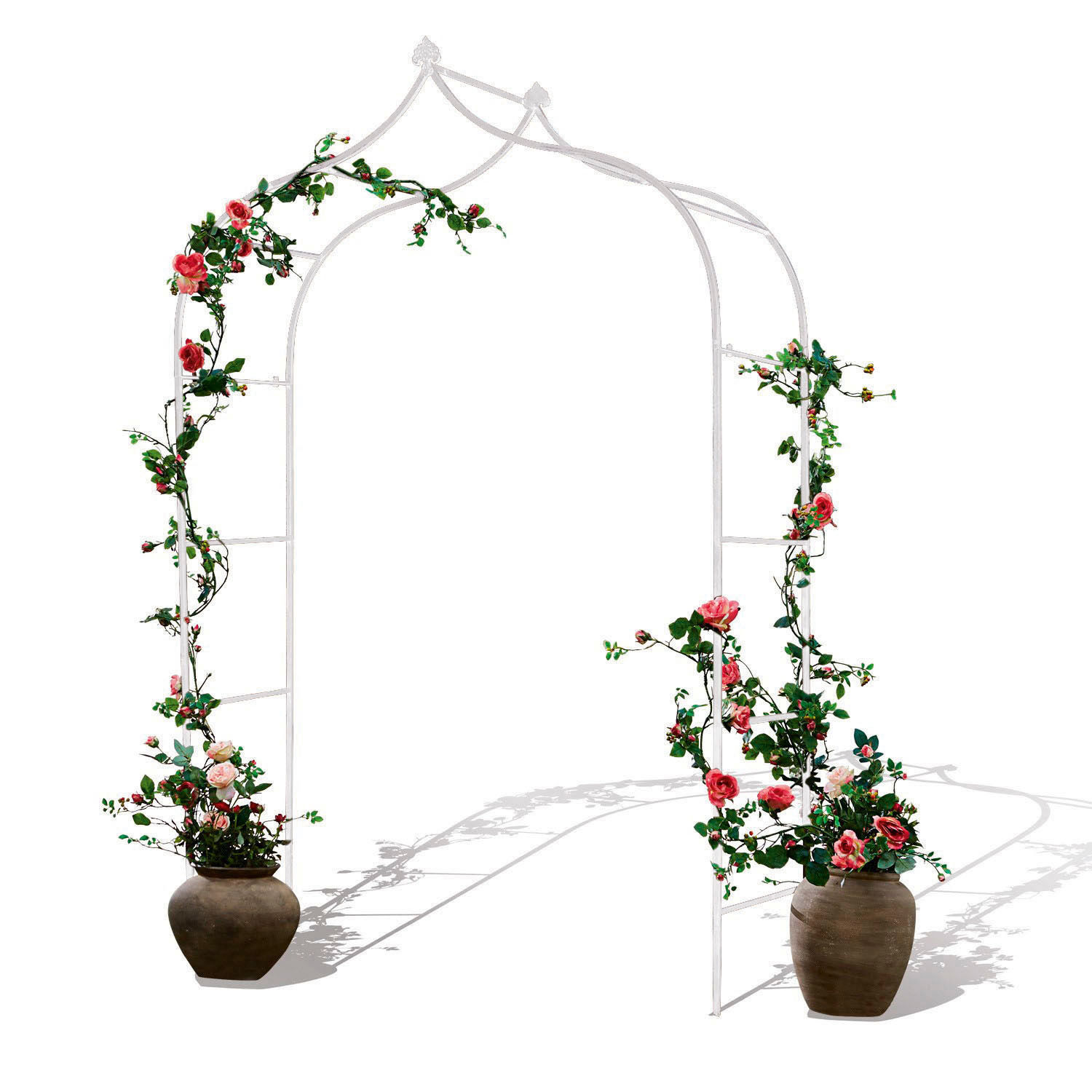Rosenbogen Dimarus Weisse Metall-Gartenlaube mit Töpfen und rosa Blumen, dekorativer Gartenschmuck