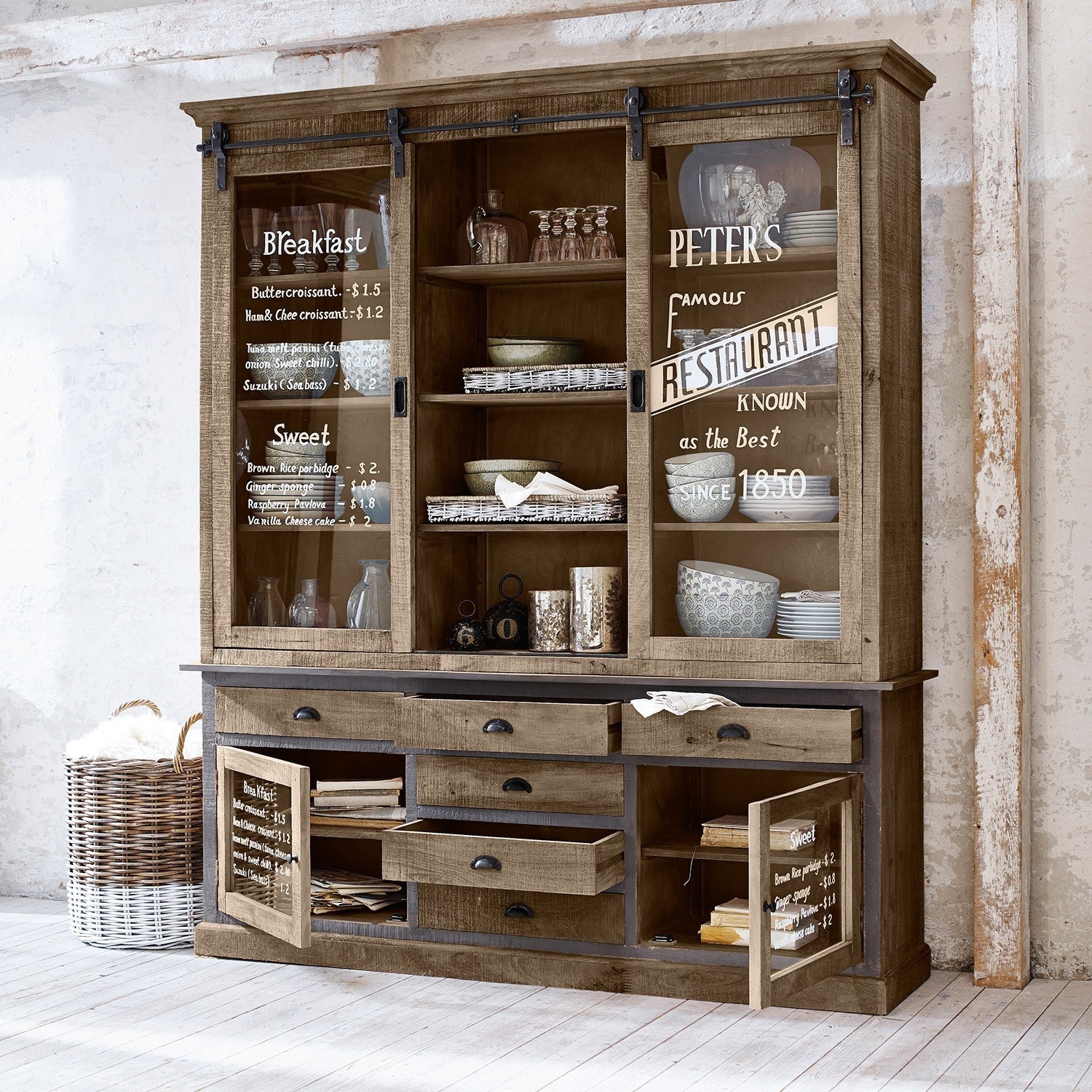 Schrank Peter´s Grosser Holzvitrinenschrank mit Glastüren und Schubladen im Vintage-Stil zur Aufbewahrung von Geschirr