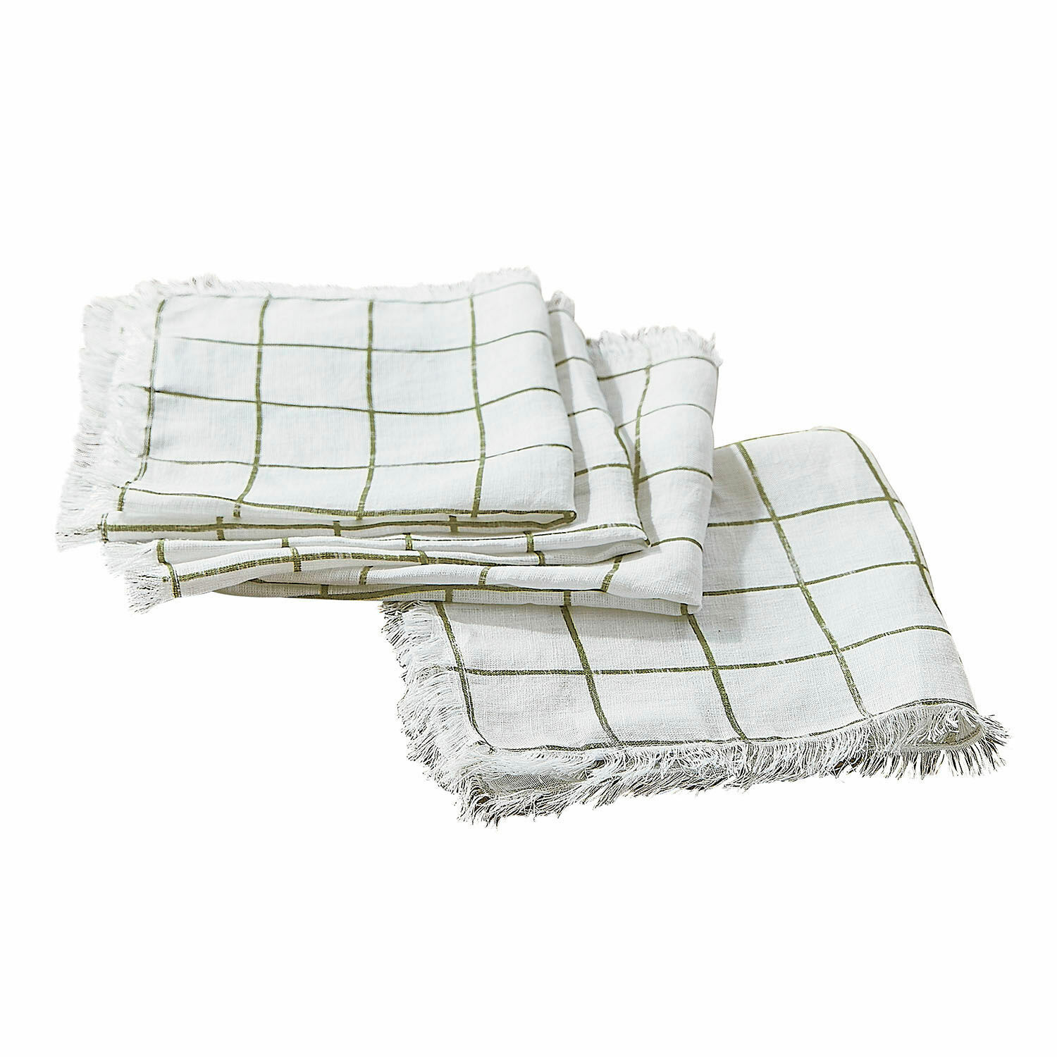 Serviette 4er Set Klivento Weisse Leinenservietten mit grünem Karomuster und Fransen, dekorative Heimtextilien