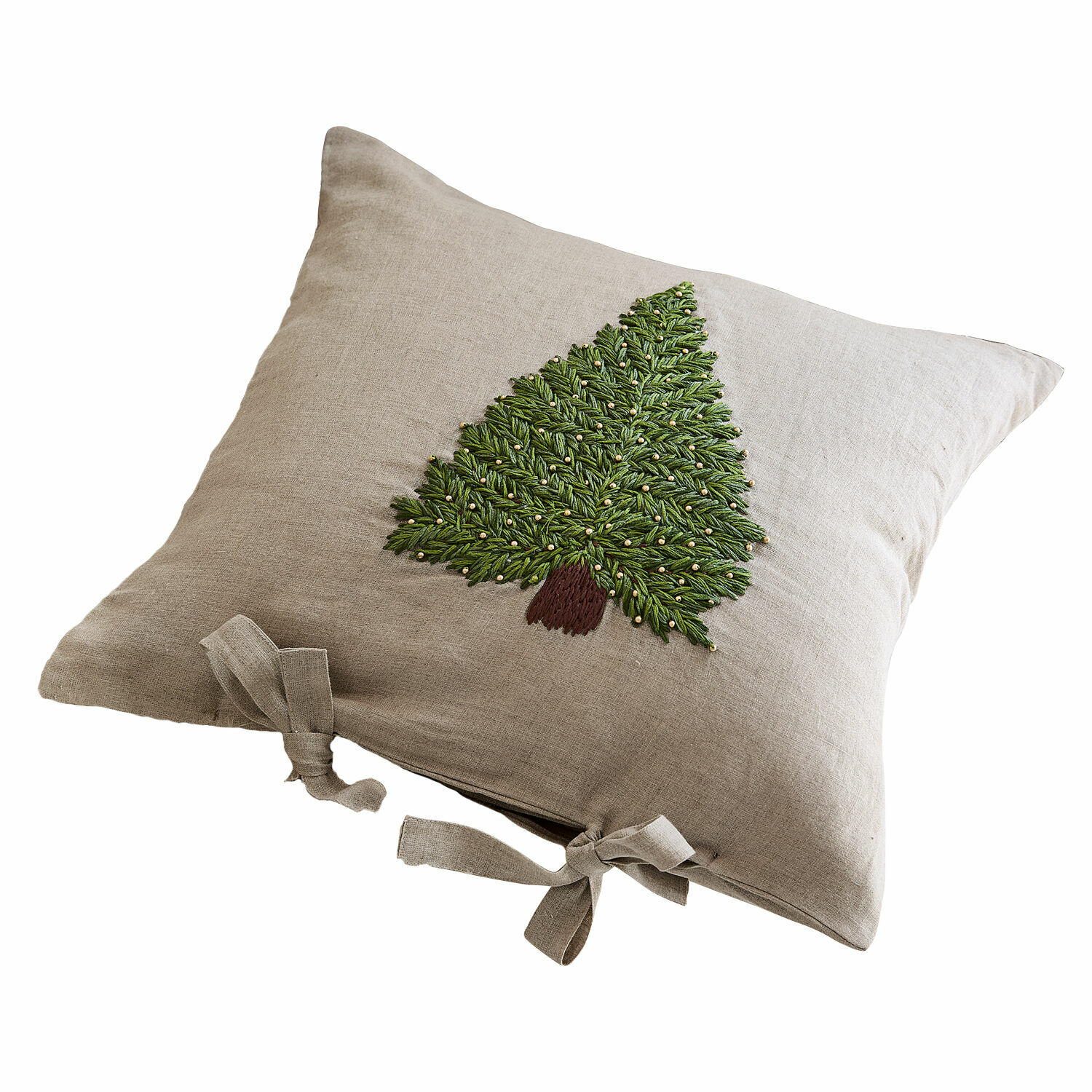 Kissenhülle Amuré Beiges Leinenkissen mit grün besticktem Tannenbaum und Schleifen, weihnachtliche Wohn-Dekoration