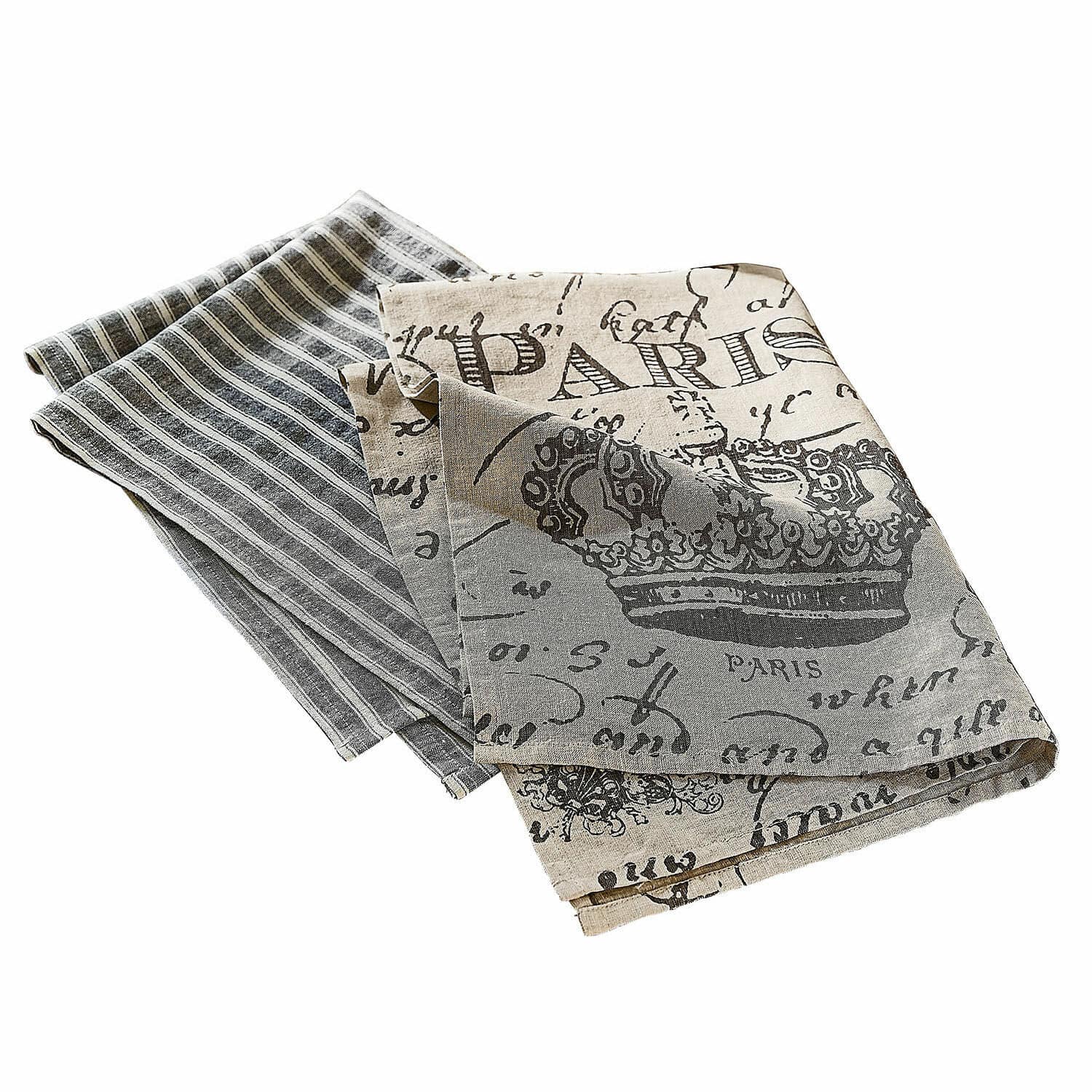 Geschirrtuch 2er Set Fleurissant Set aus Leinen-Geschirrtüchern in Grau-Beige mit Kronenmotiv und Schriftzügen für die Küche