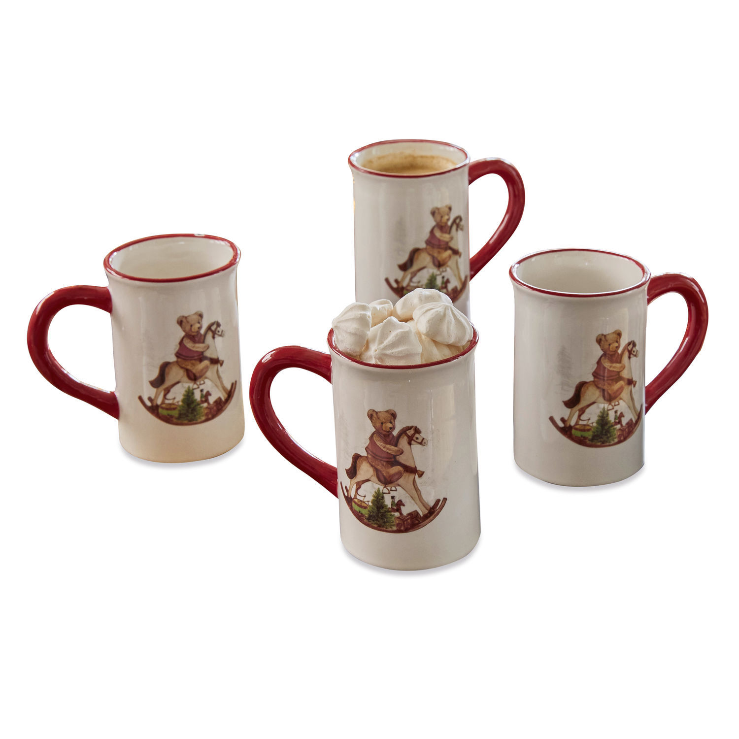 Tasse 4er Set Troms Vier Keramiktassen mit rotem Henkel und Motiv eines Bären auf einem Schaukelpferd, Set