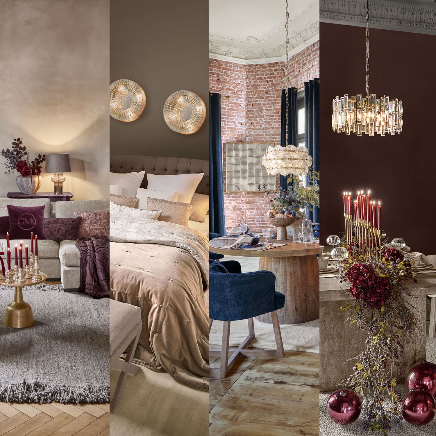 Vier Wohnstile mit Lampen und Dekorationen aus Holz, Stoff und Metall in verschiedenen Farben und Materialien