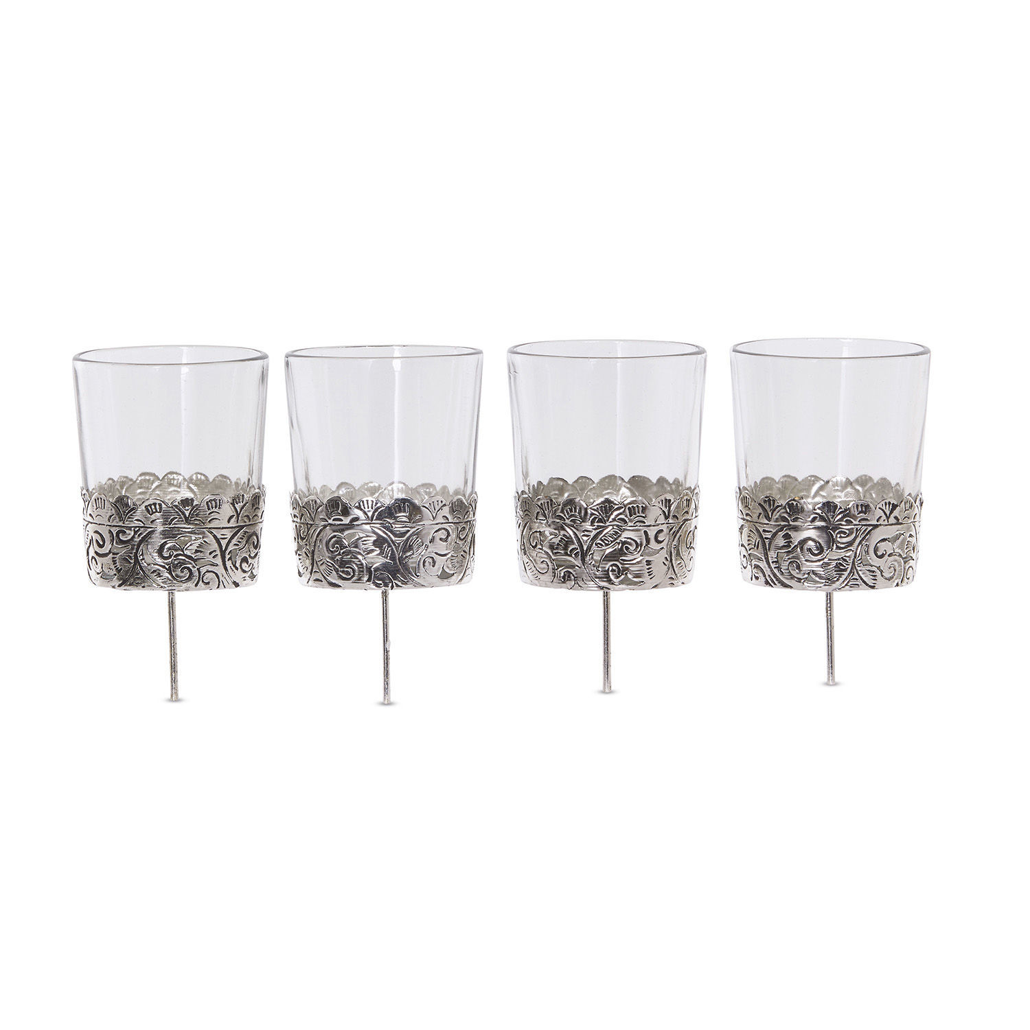Windlicht 4er Set Pinelle Vier Gläser mit dekorativem silbernem Muster am unteren Rand, elegante Glasgefässe