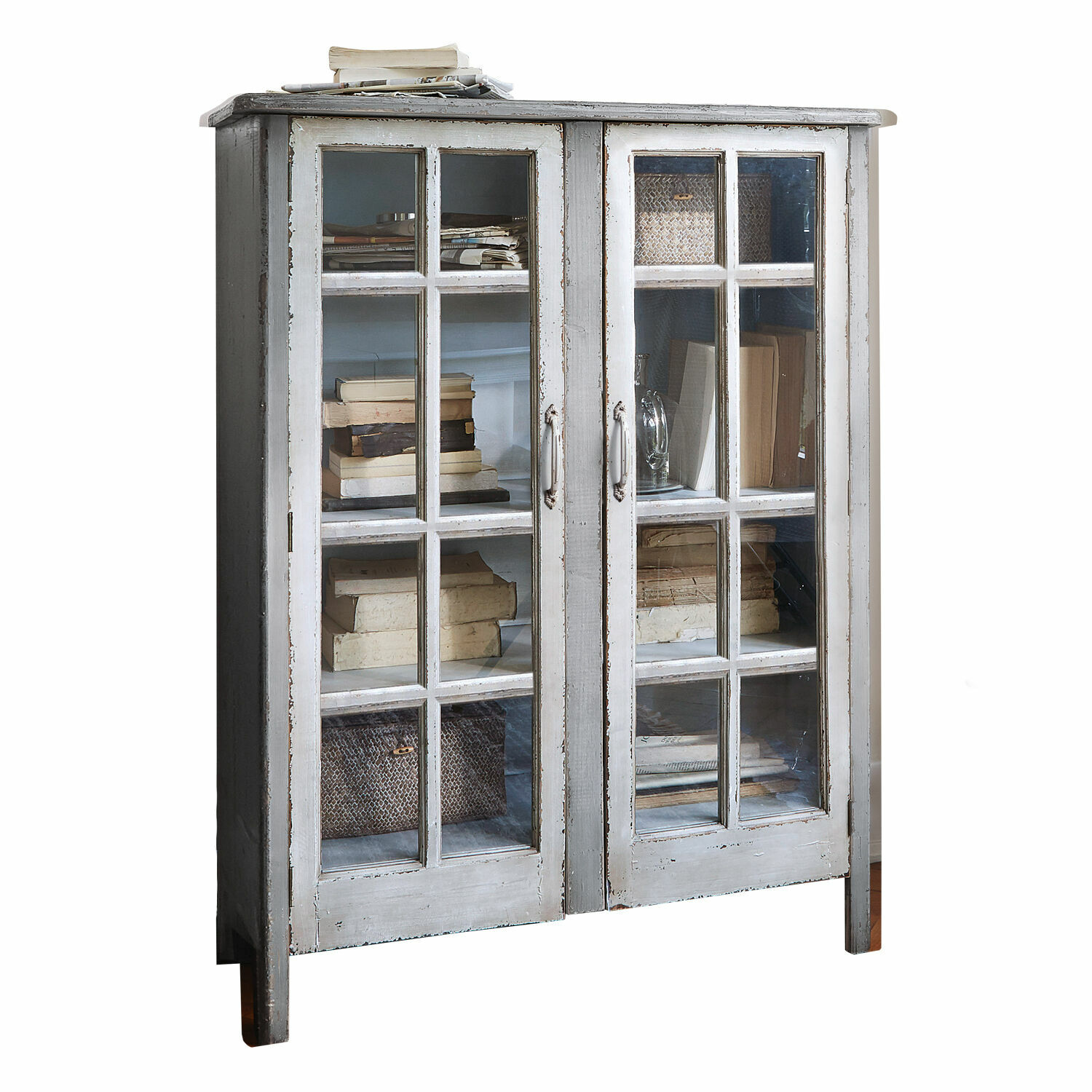 Kommode Sherman Grauer Holzvitrinenschrank mit Glastüren und antikem Finish zur Aufbewahrung von Büchern und Dekoration