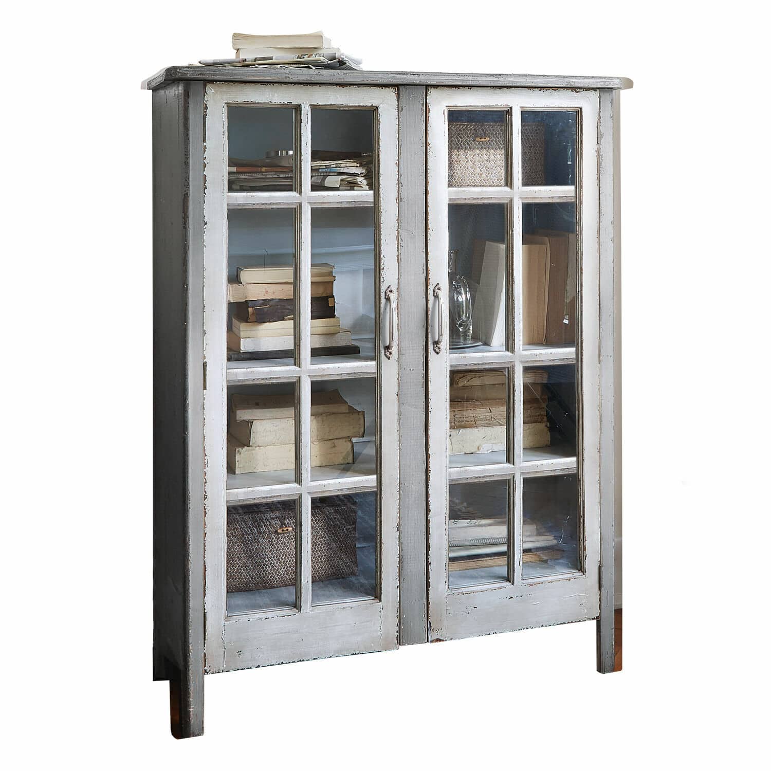 Kommode Sherman Grauer Holzvitrinenschrank mit Glastüren und antikem Finish zur Aufbewahrung von Büchern und Dekoration