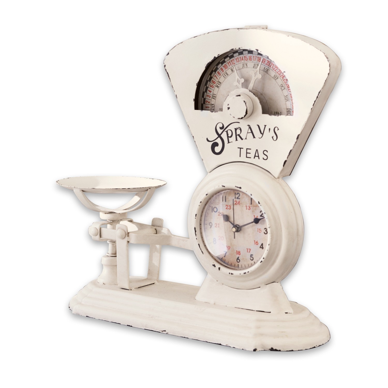 Antike weisse Metallwaage mit Uhr und Schriftzug Spray's Teas, dekorativer Vintage-Küchenartikel