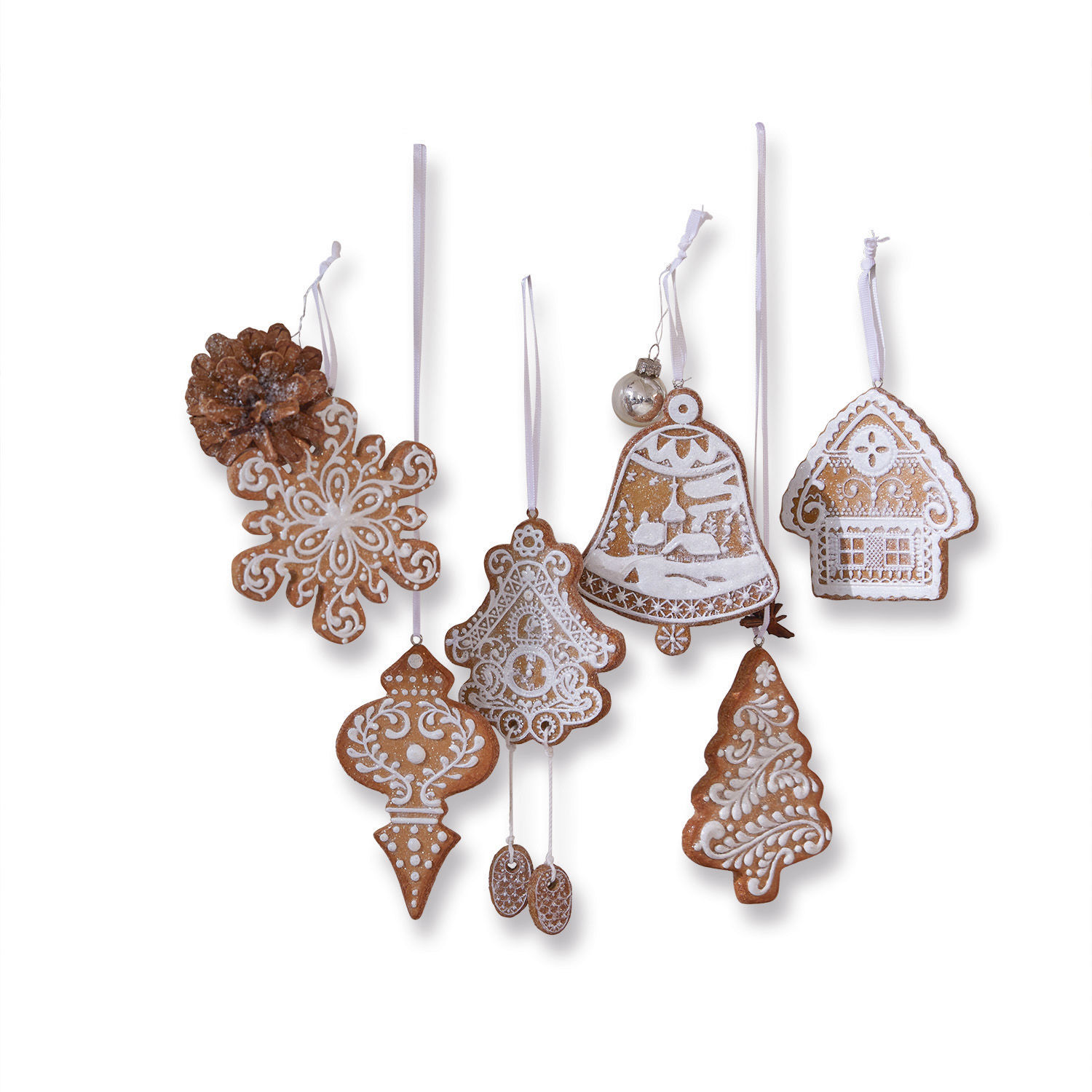 Anhänger 6er Set Anyama Set aus 6 Lebkuchen-Christbaumschmuck mit weisser Verzierung und Bändern zum Aufhängen