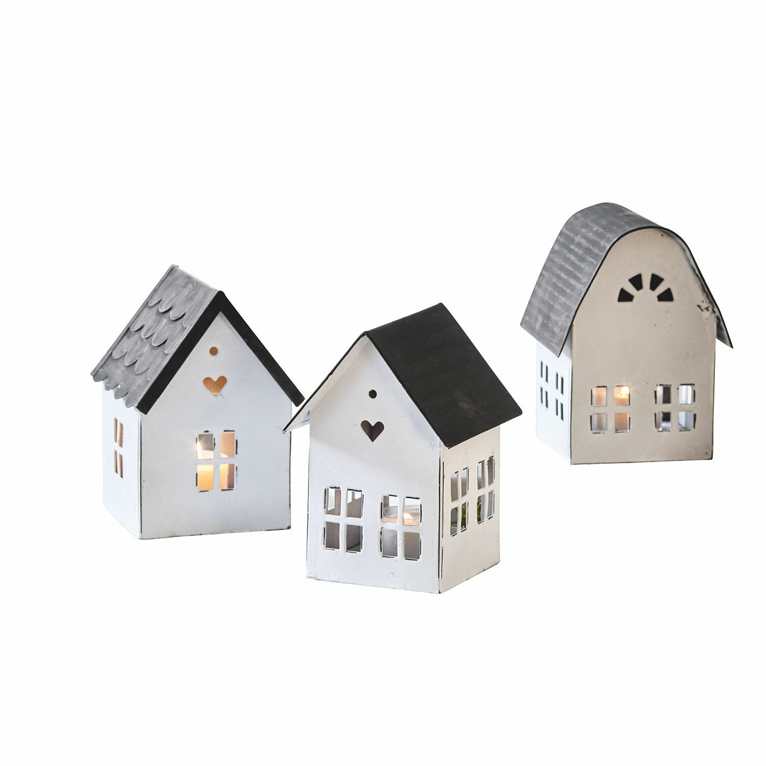 Laterne 3er Set Lambray Set aus drei weissen und grauen Metalllaternen in Hausform zur Wohnraumdekoration
