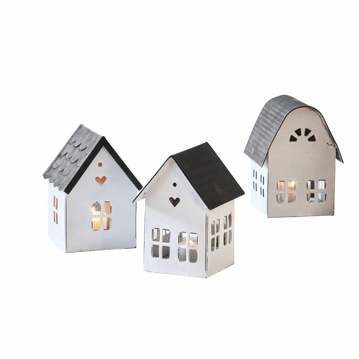 Laterne 3er Set Lambray Set aus drei weissen und grauen Metalllaternen in Hausform zur Wohnraumdekoration
