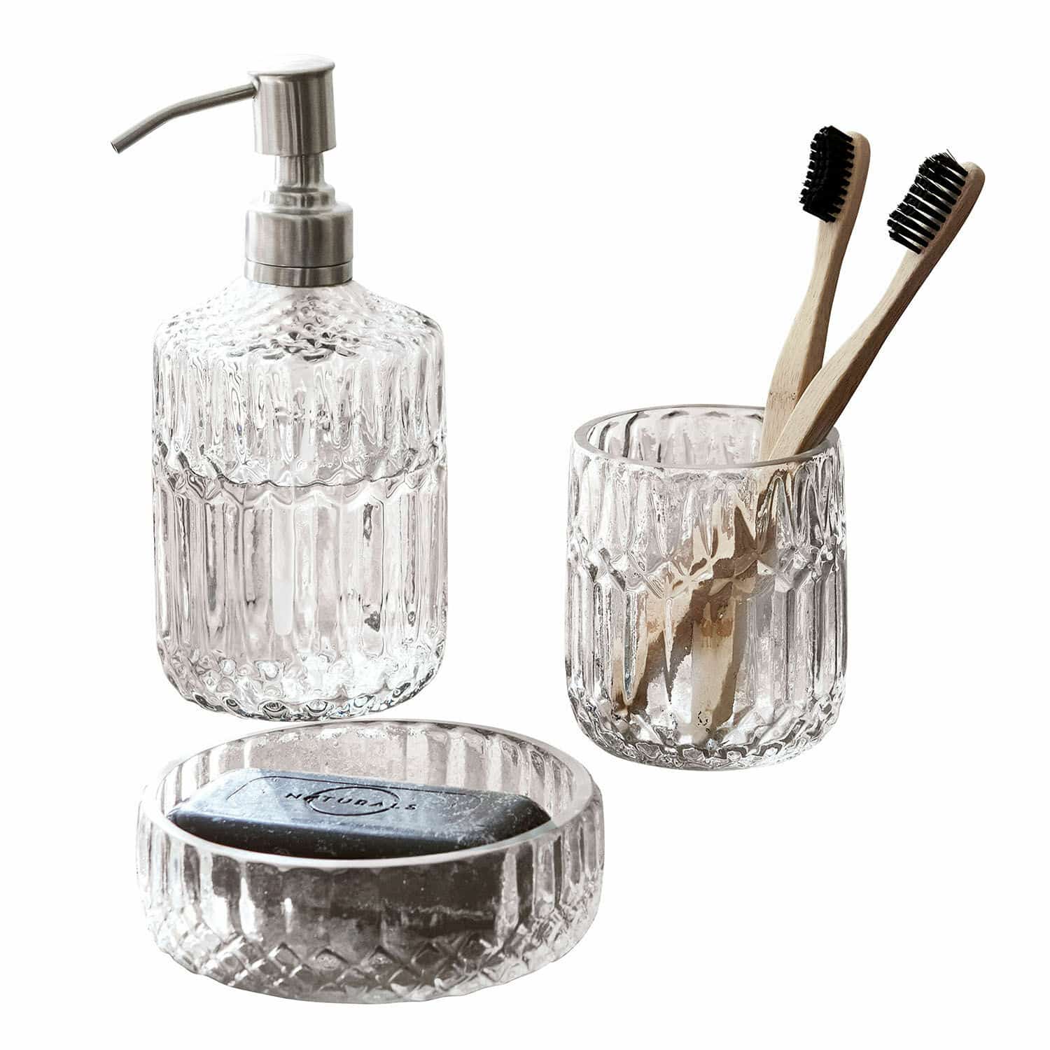 Bad-Set Denney Transparentes Glas-Badezimmer-Set mit Seifenspender, Becher und Seifenschale für Zahnbürsten