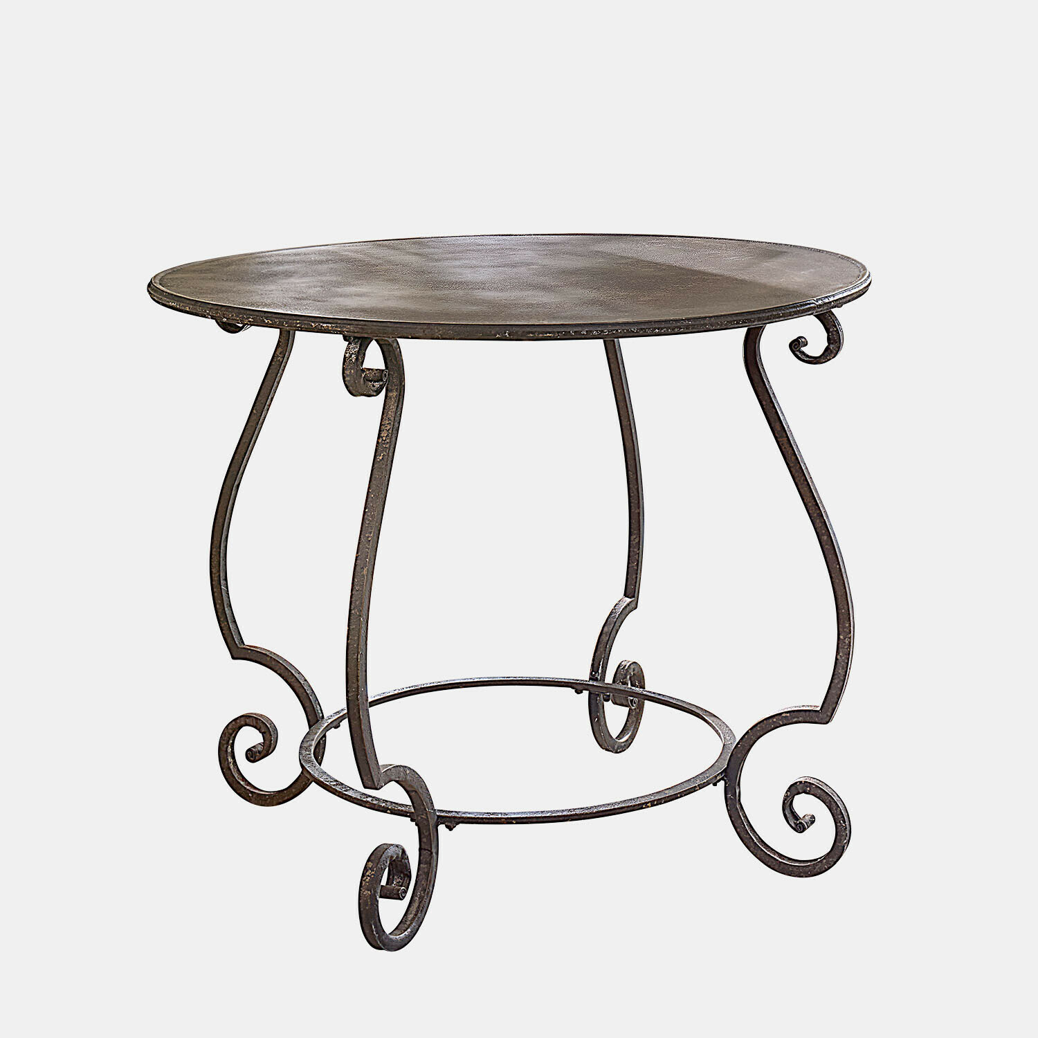 Runder Metalltisch in dunklem Braun mit dekorativen geschwungenen Beinen für Wohnzimmer