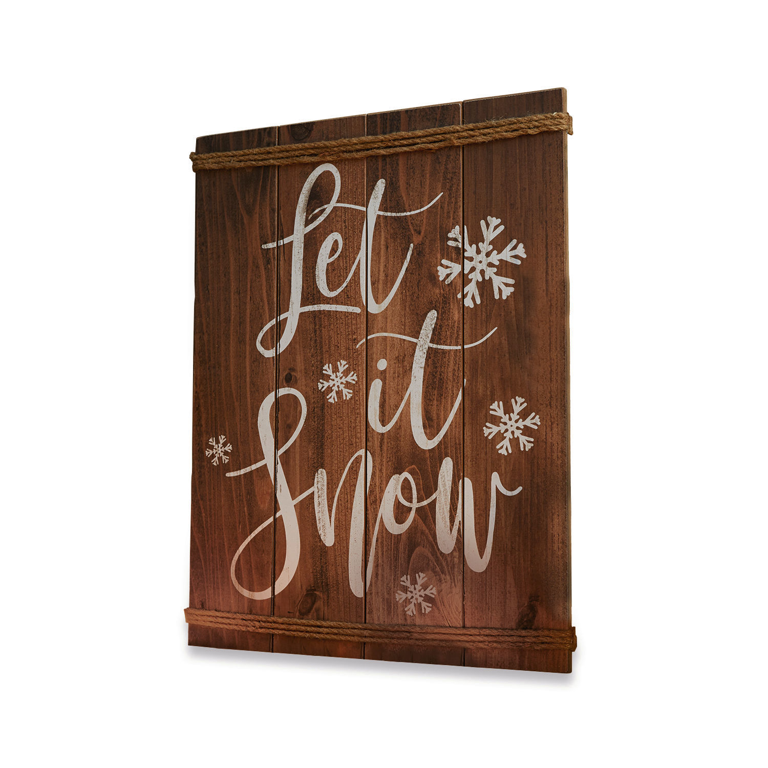 Dekoboard Verrand Wanddekoration aus braunem Holz mit Schriftzug «Let it Snow» und weissen Schneeflocken für Weihnachten