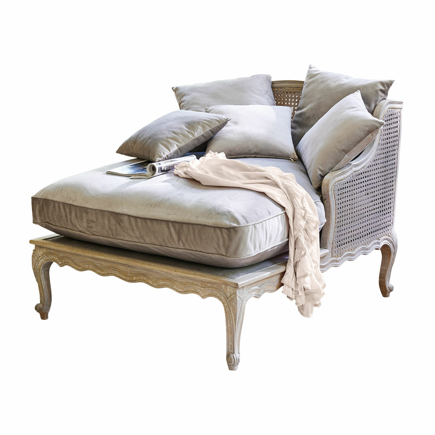Chaiselongue Dronne Eleganter Sessel mit hellgrauem Samtbezug und geflochtenem Holzrahmen, bequemer Wohnzimmersessel