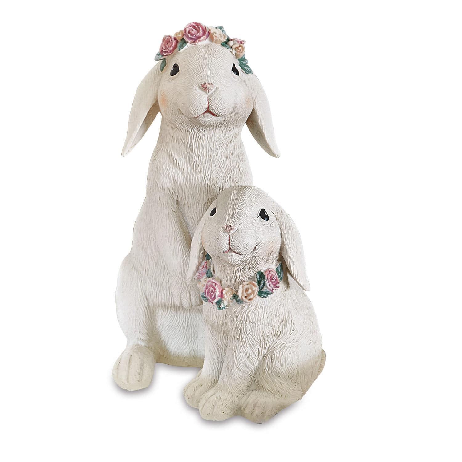 Hasen Sappos Zwei weisse Hasenfiguren aus Resin mit Rosenkränzen, dekorative Wohn- und Gartendekoration