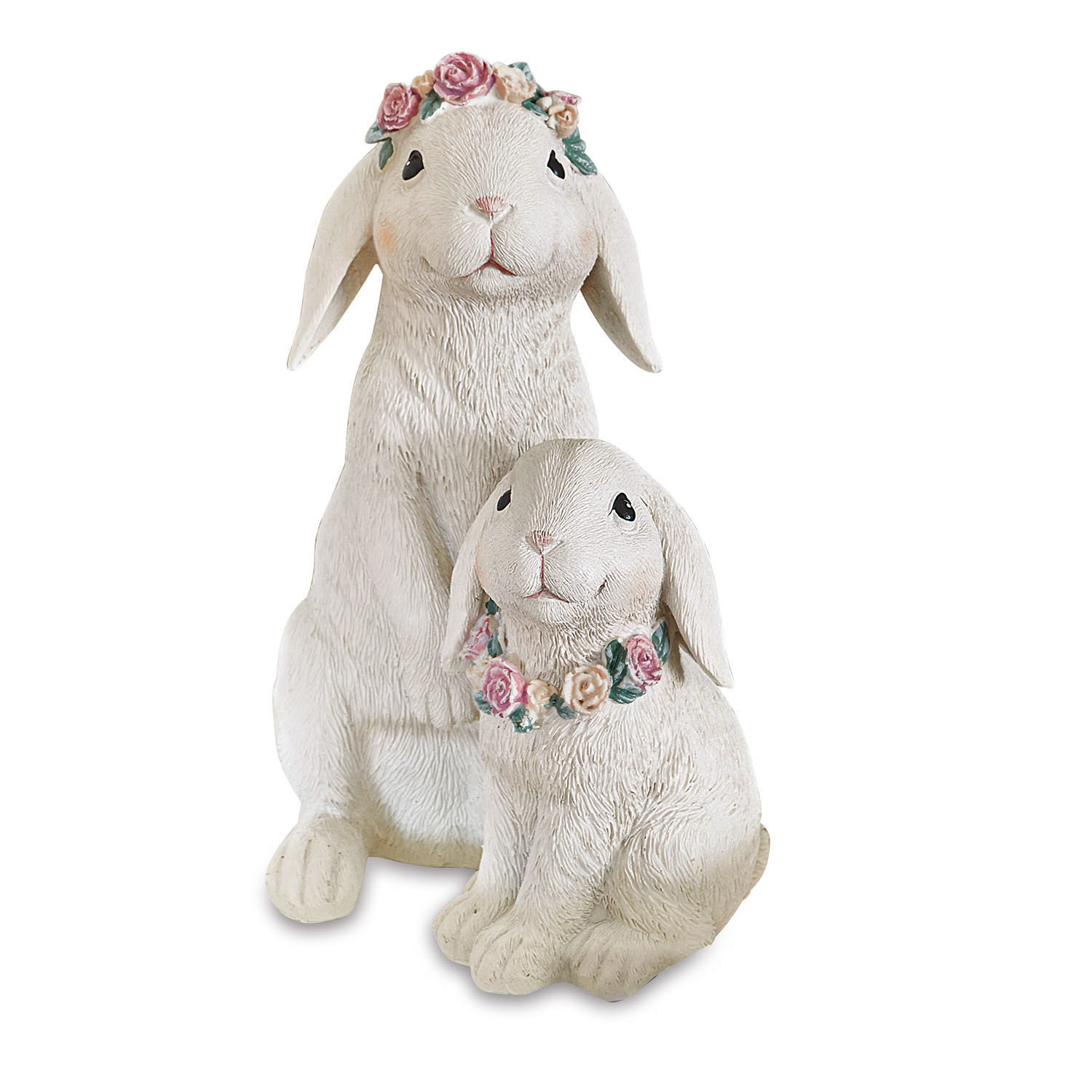 Hasen Sappos Zwei weisse Hasenfiguren aus Resin mit Rosenkränzen, dekorative Wohn- und Gartendekoration