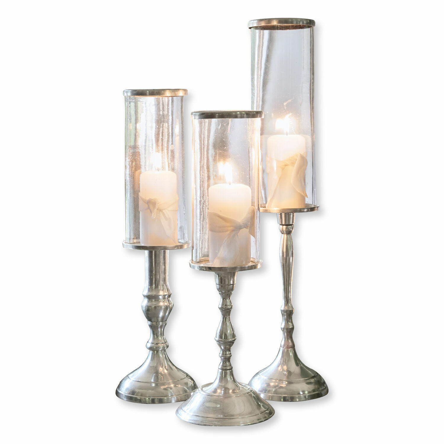 Kerzenständer 3er Set Vitia Set aus drei Metallkerzenhaltern mit klarem Glas und weissen Kerzen zur Wohnraumdekoration
